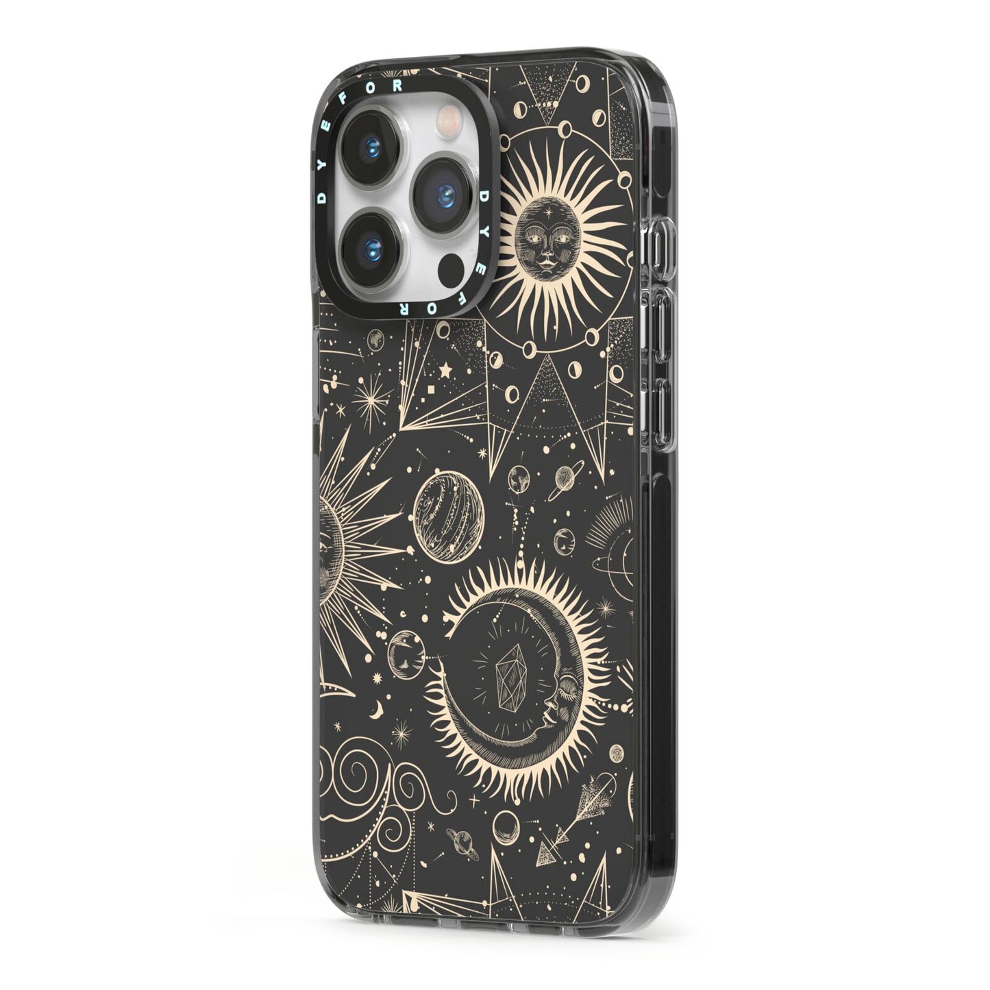 Moon Phases iPhone 13 Pro Black Impact Case Side Angle on Silver phone