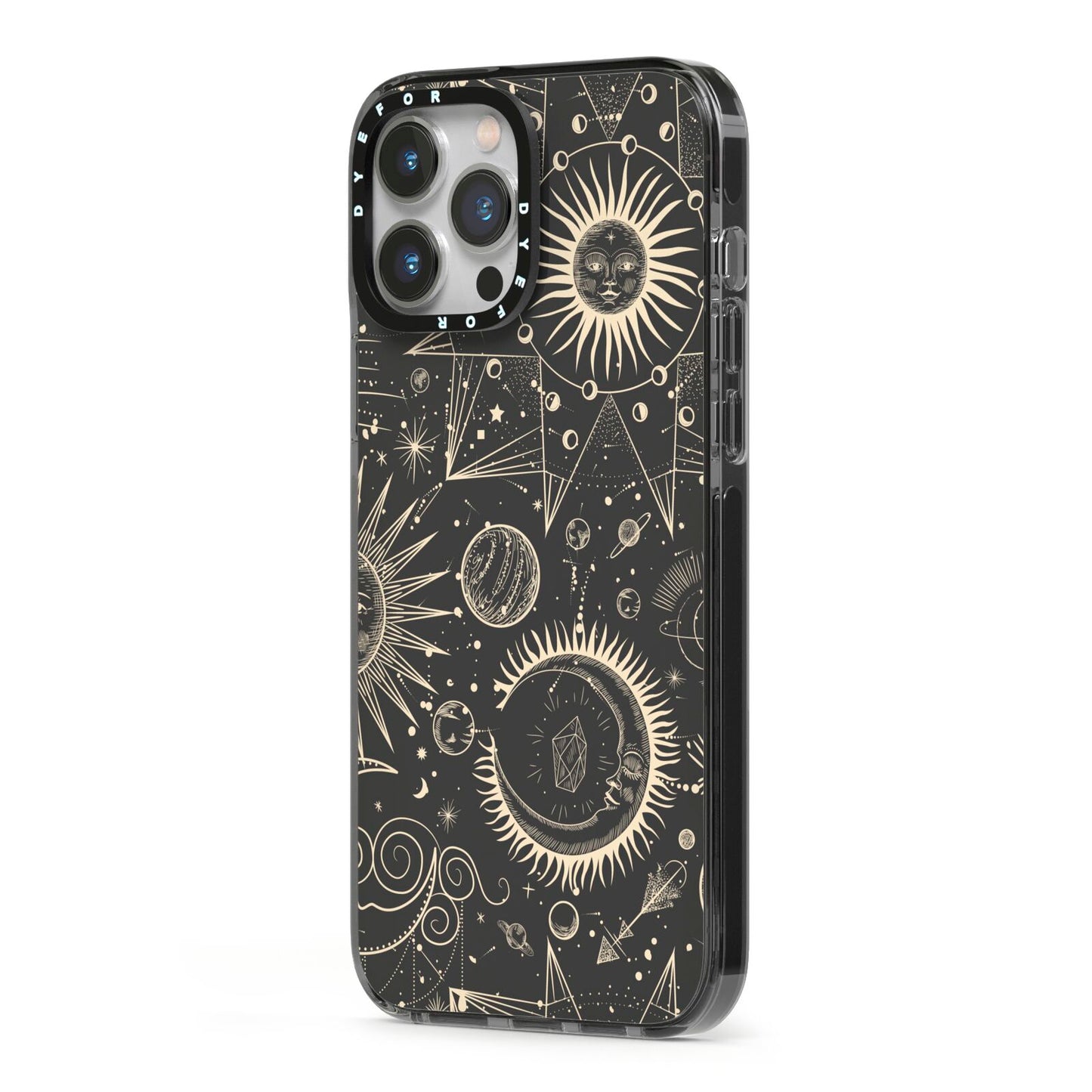 Moon Phases iPhone 13 Pro Max Black Impact Case Side Angle on Silver phone