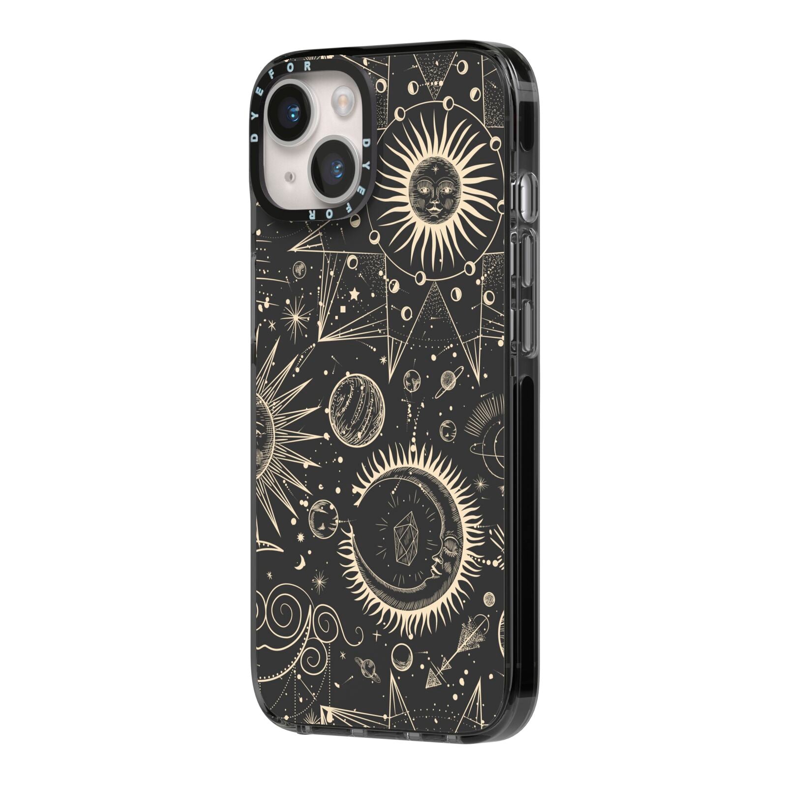 Moon Phases iPhone 14 Black Impact Case Side Angle on Silver phone