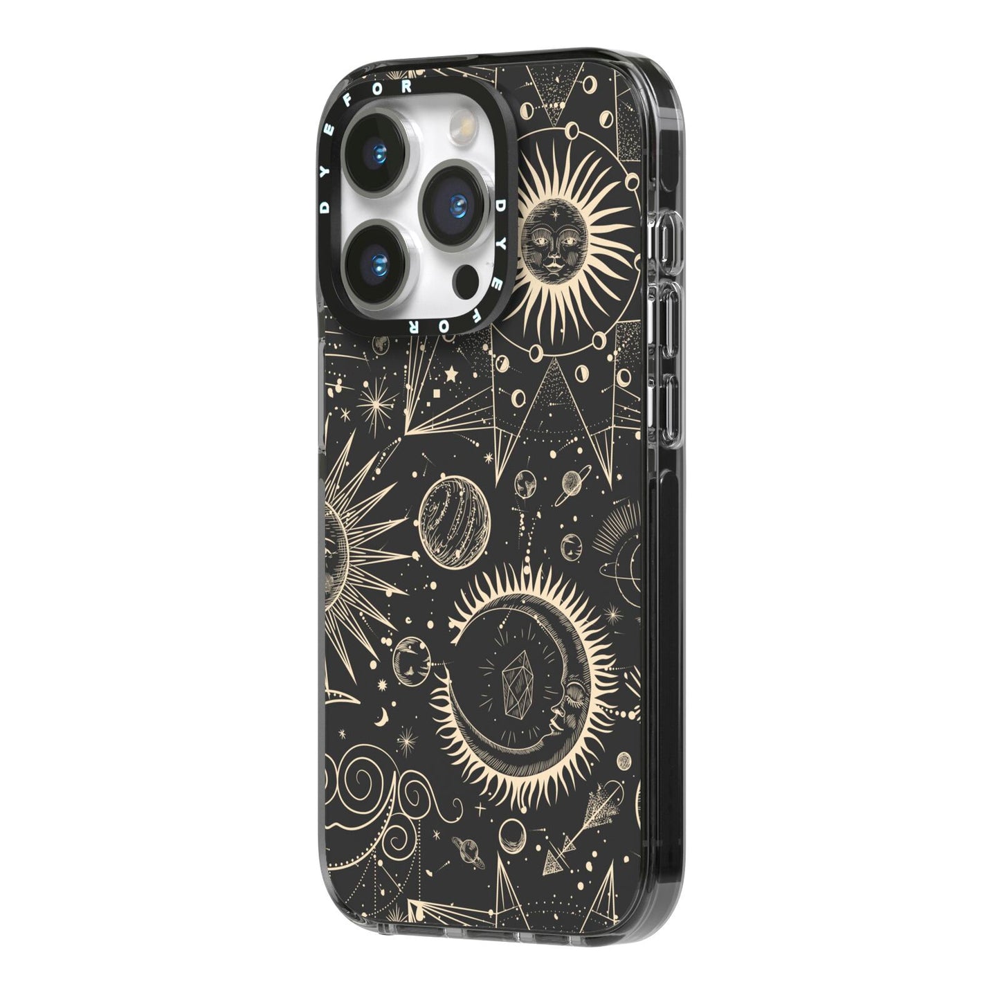 Moon Phases iPhone 14 Pro Black Impact Case Side Angle on Silver phone