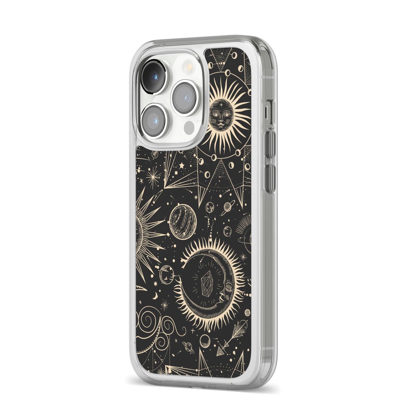 Moon Phases iPhone 14 Pro Clear Tough Case Silver Angled Image