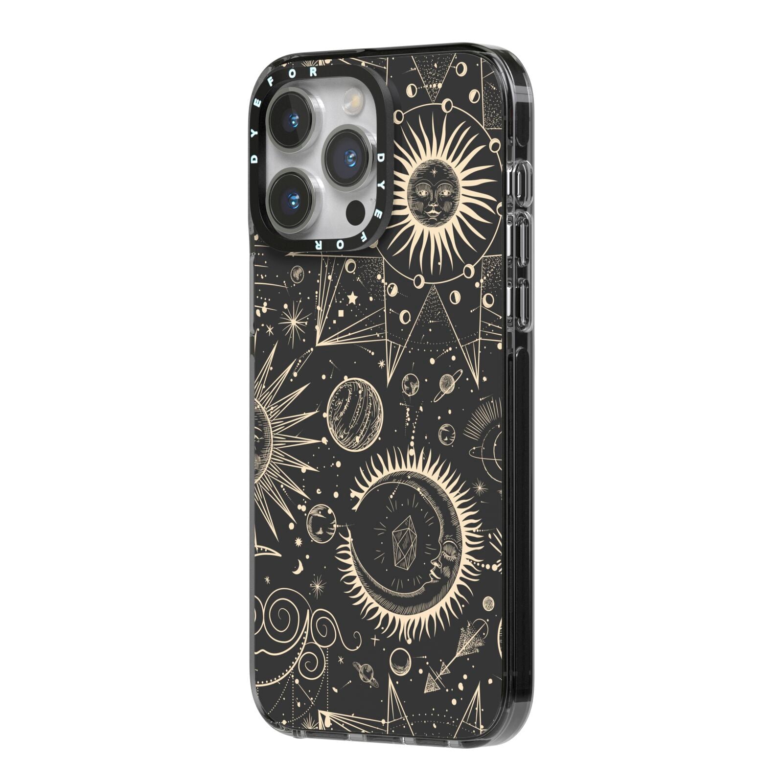 Moon Phases iPhone 14 Pro Max Black Impact Case Side Angle on Silver phone