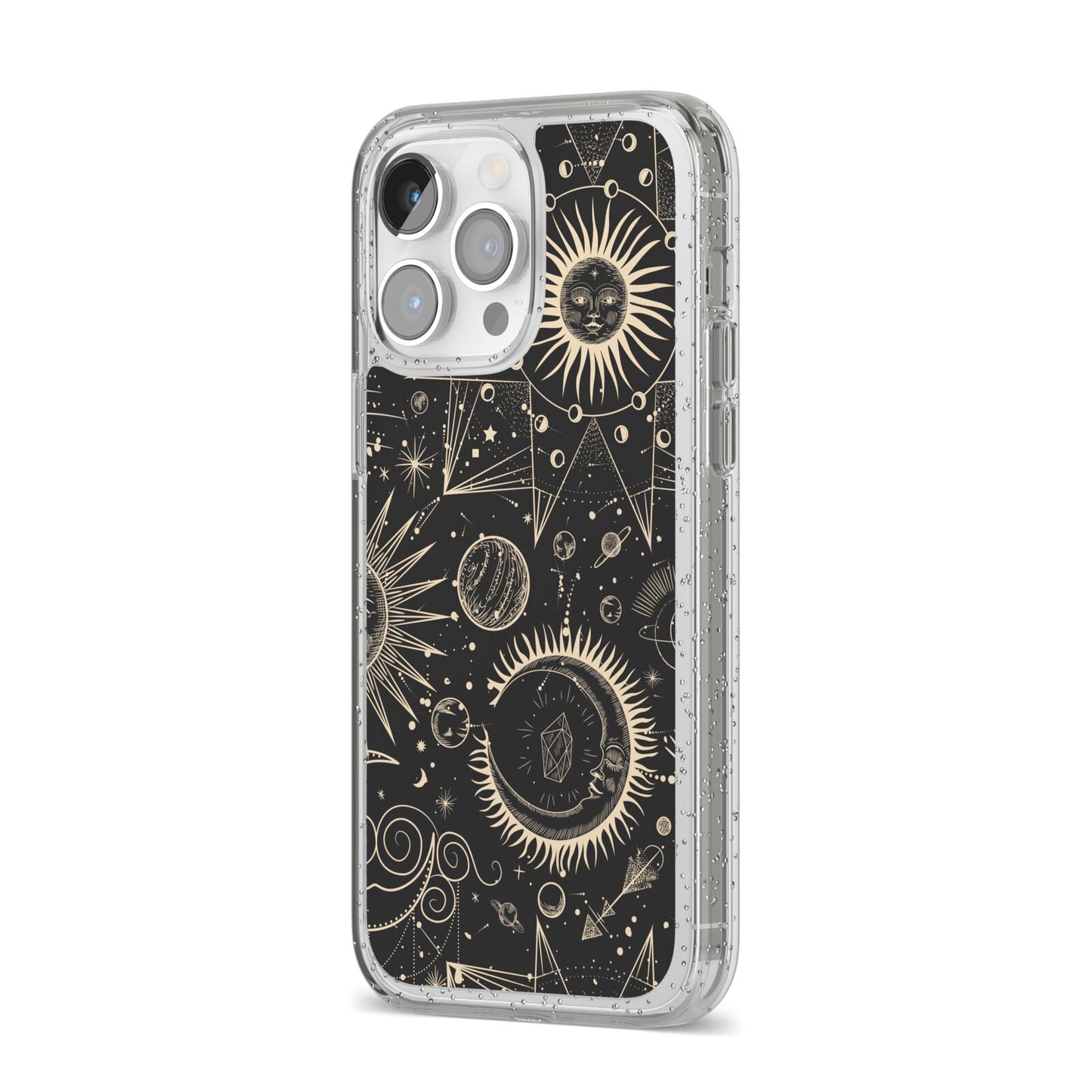 Moon Phases iPhone 14 Pro Max Glitter Tough Case Silver Angled Image