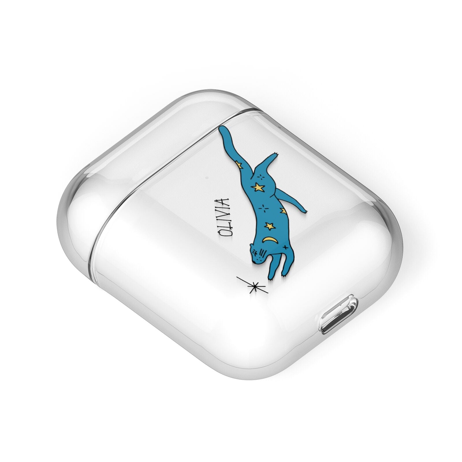 Moon Star Blue Cat Personalised AirPods Case Laid Flat