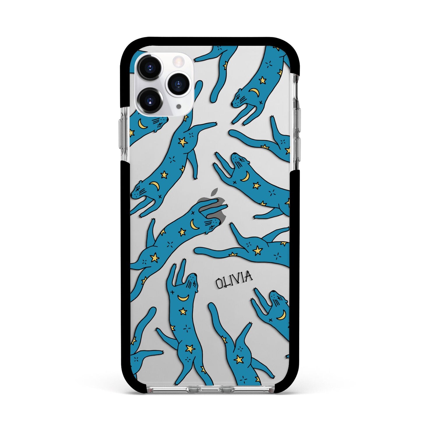 Moon Star Blue Cat Personalised Apple iPhone 11 Pro Max in Silver with Black Impact Case