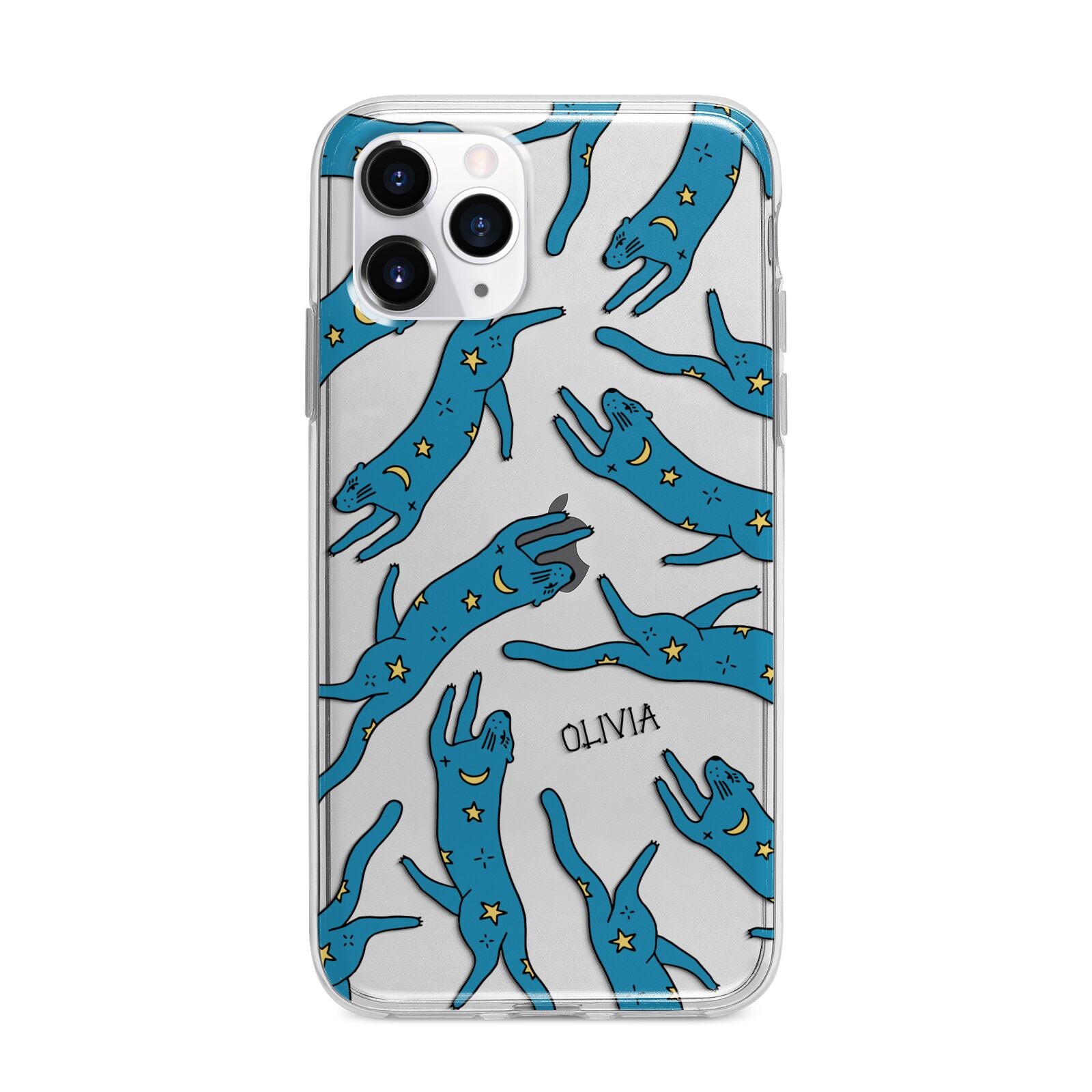 Moon Star Blue Cat Personalised Apple iPhone 11 Pro Max in Silver with Bumper Case