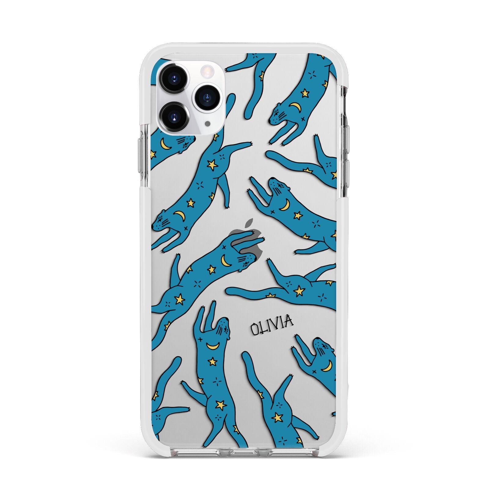Moon Star Blue Cat Personalised Apple iPhone 11 Pro Max in Silver with White Impact Case