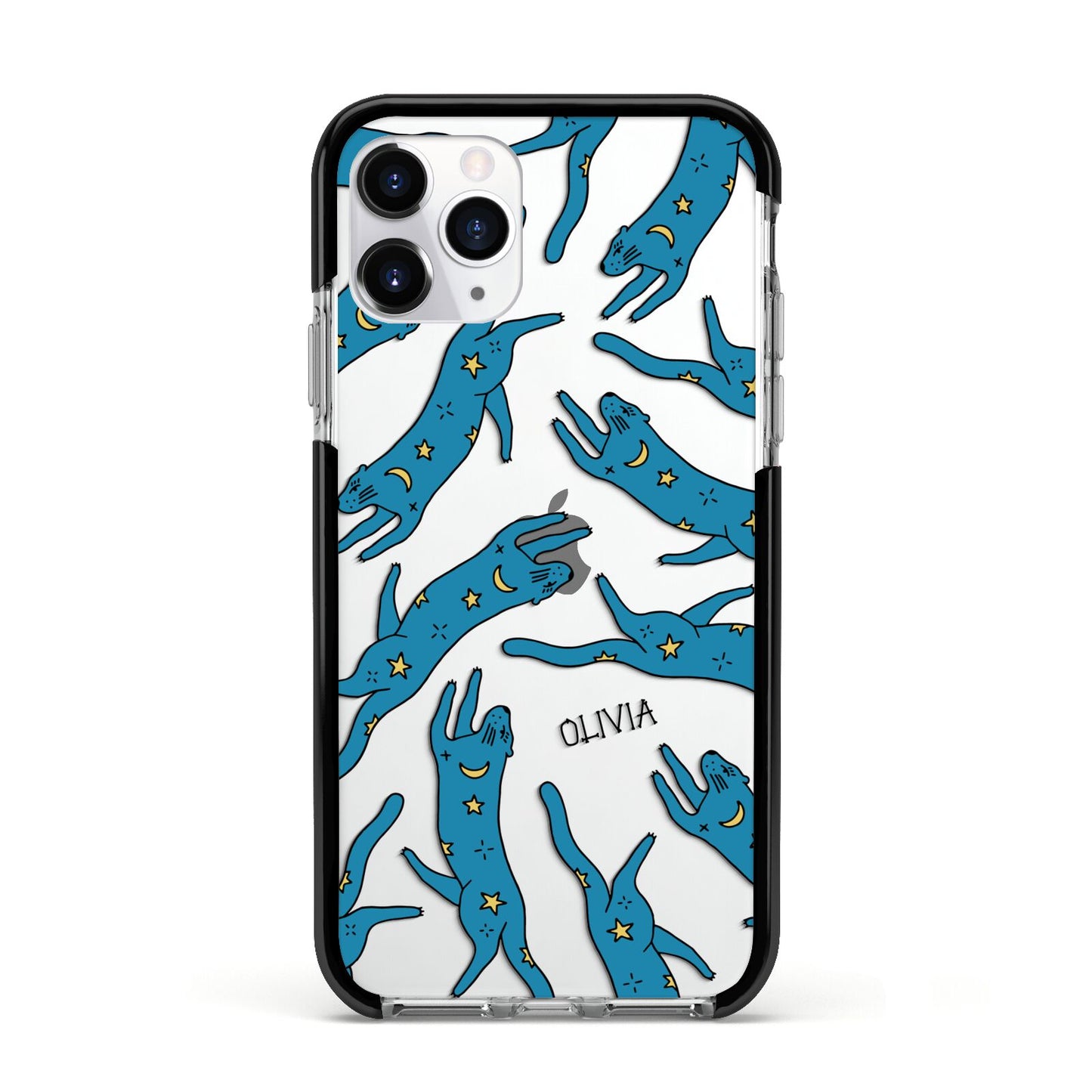 Moon Star Blue Cat Personalised Apple iPhone 11 Pro in Silver with Black Impact Case