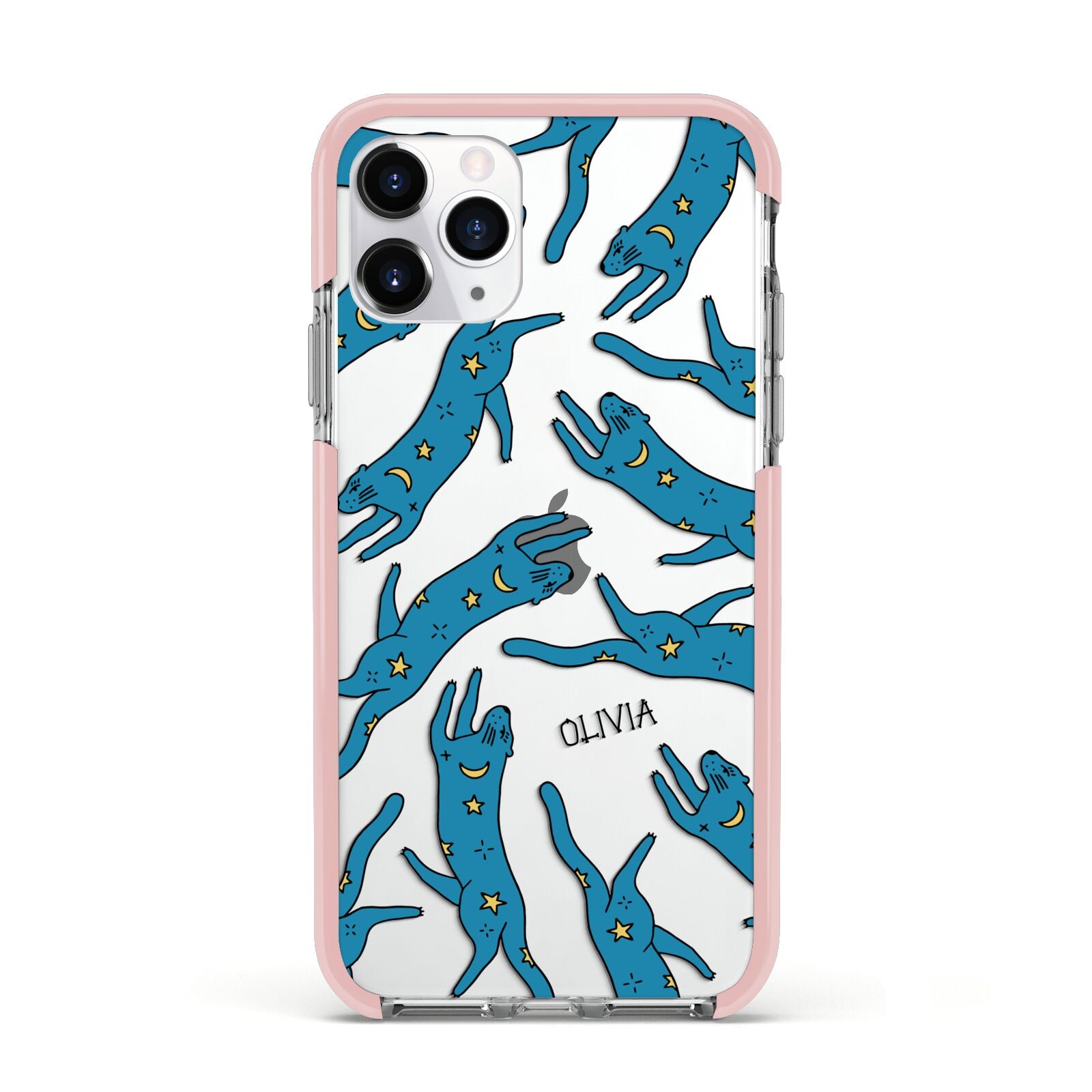 Moon Star Blue Cat Personalised Apple iPhone 11 Pro in Silver with Pink Impact Case