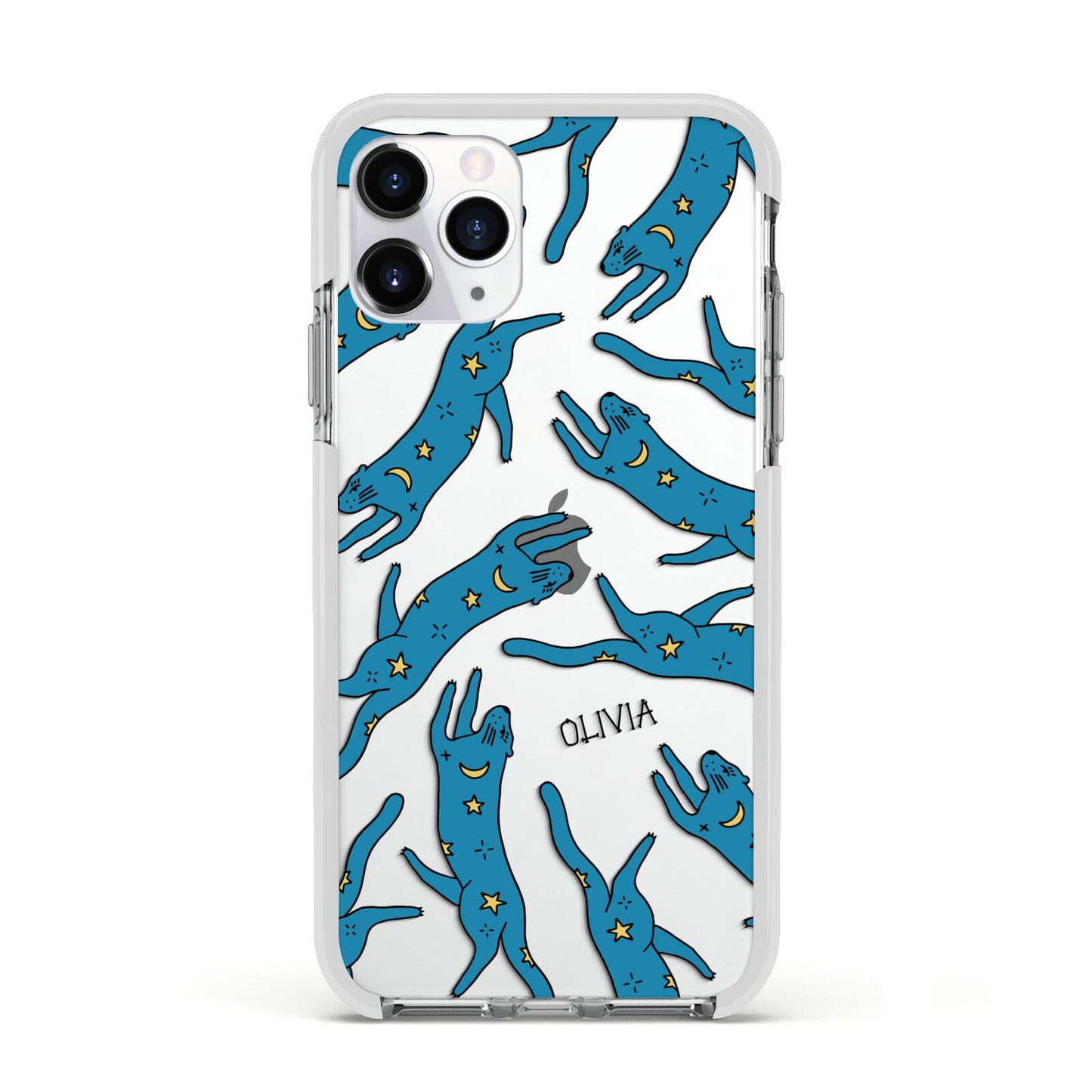 Moon Star Blue Cat Personalised Apple iPhone 11 Pro in Silver with White Impact Case