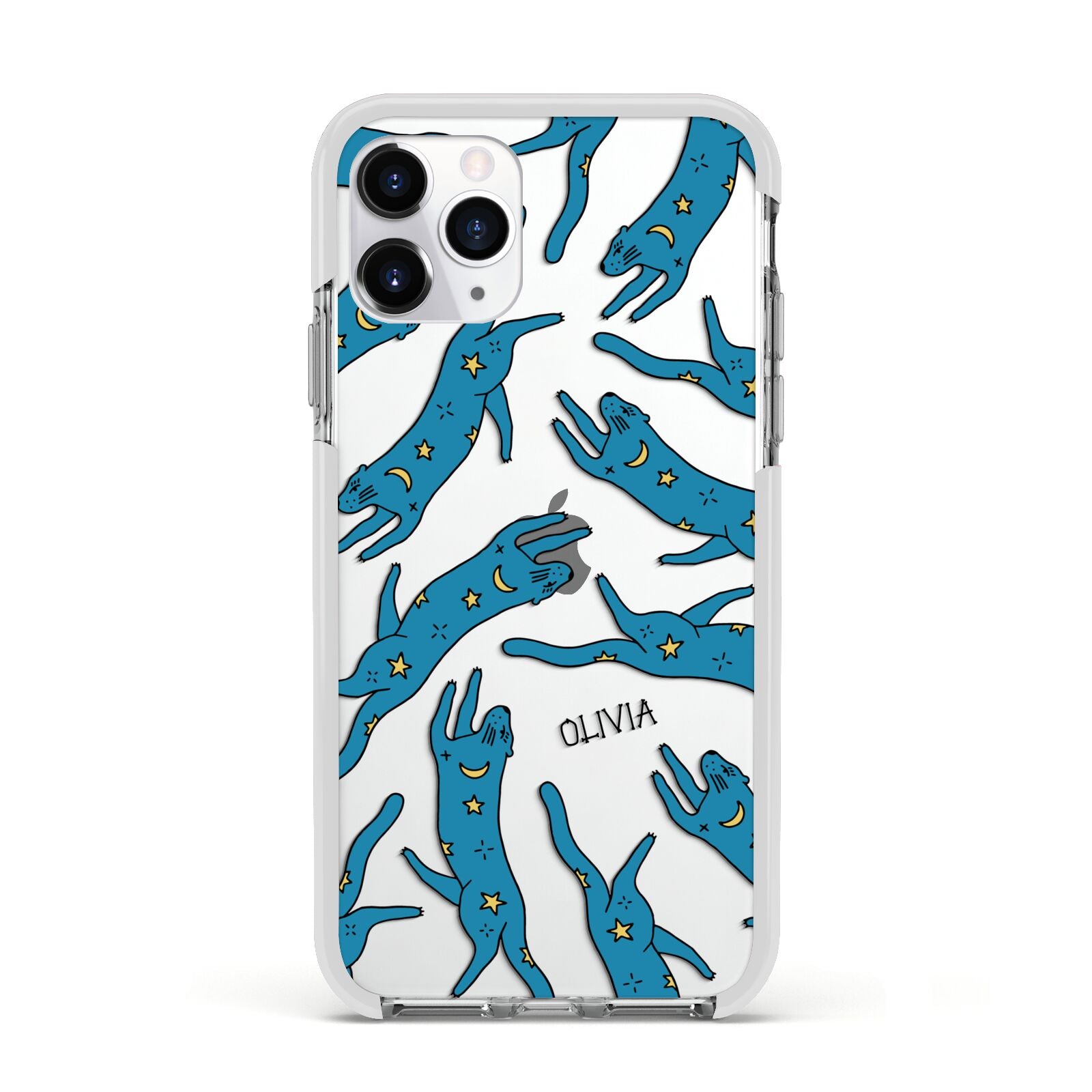 Moon Star Blue Cat Personalised Apple iPhone 11 Pro in Silver with White Impact Case