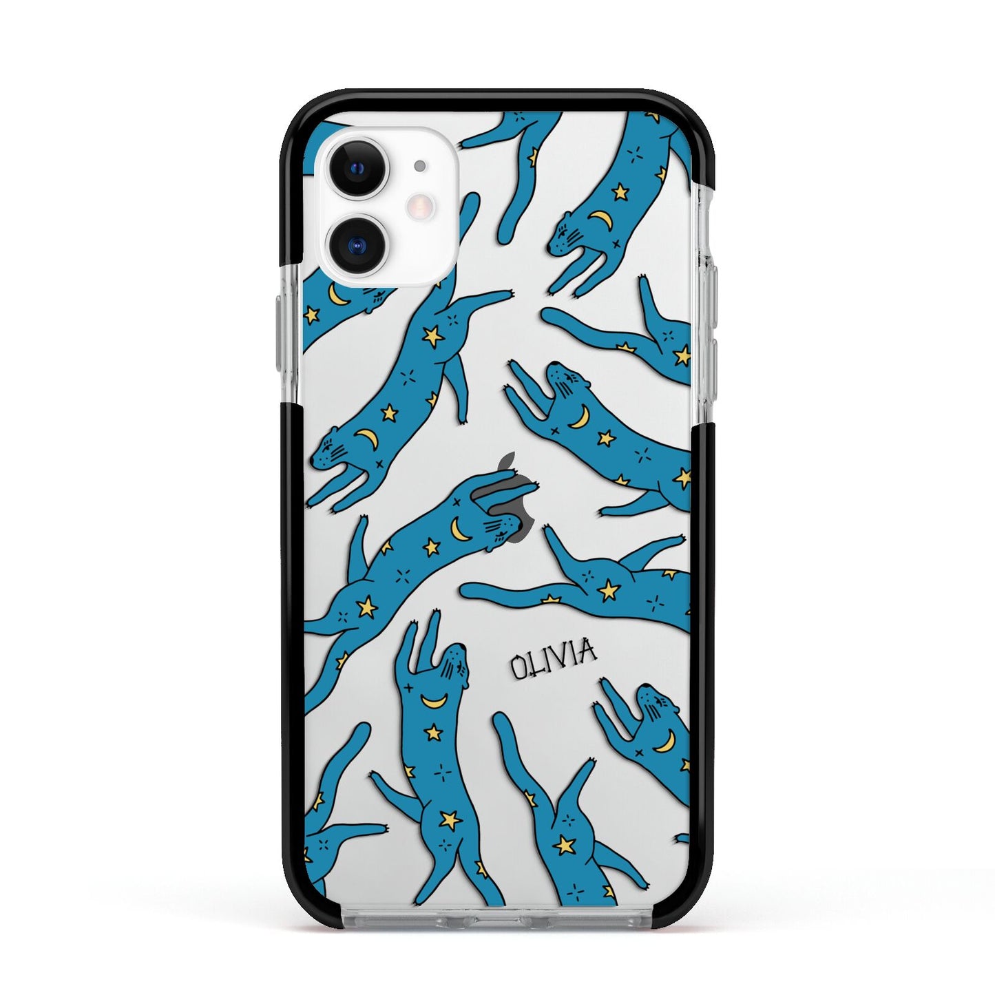 Moon Star Blue Cat Personalised Apple iPhone 11 in White with Black Impact Case