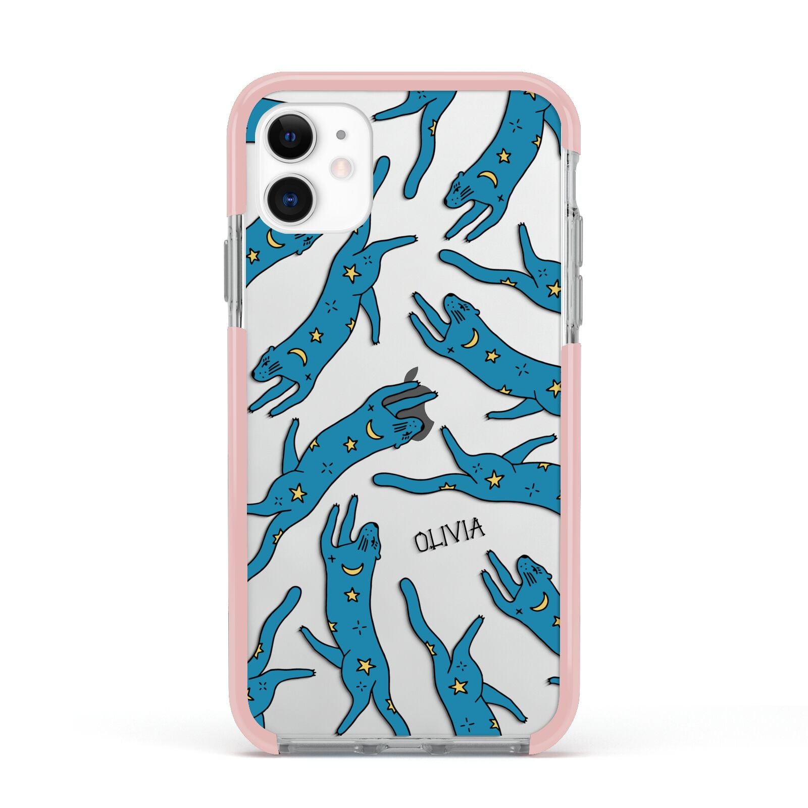 Moon Star Blue Cat Personalised Apple iPhone 11 in White with Pink Impact Case