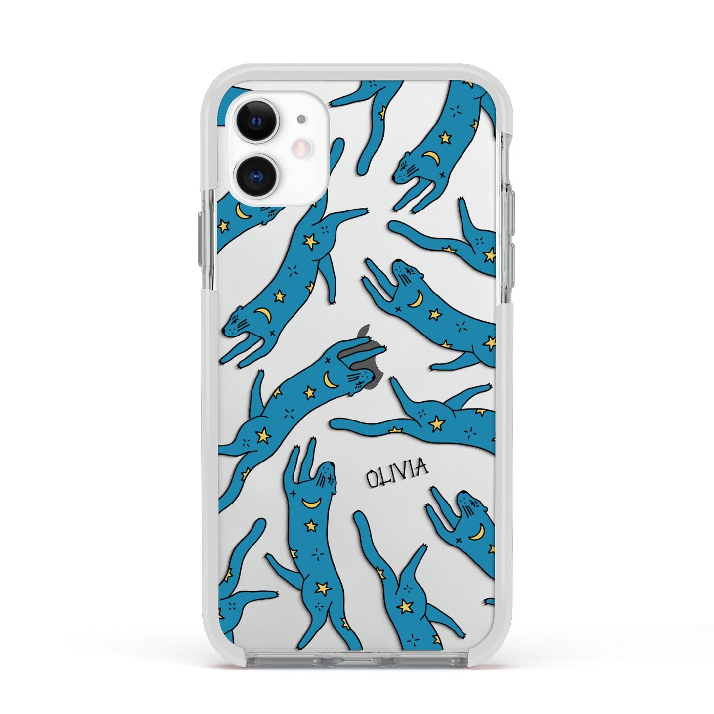Moon Star Blue Cat Personalised Apple iPhone 11 in White with White Impact Case