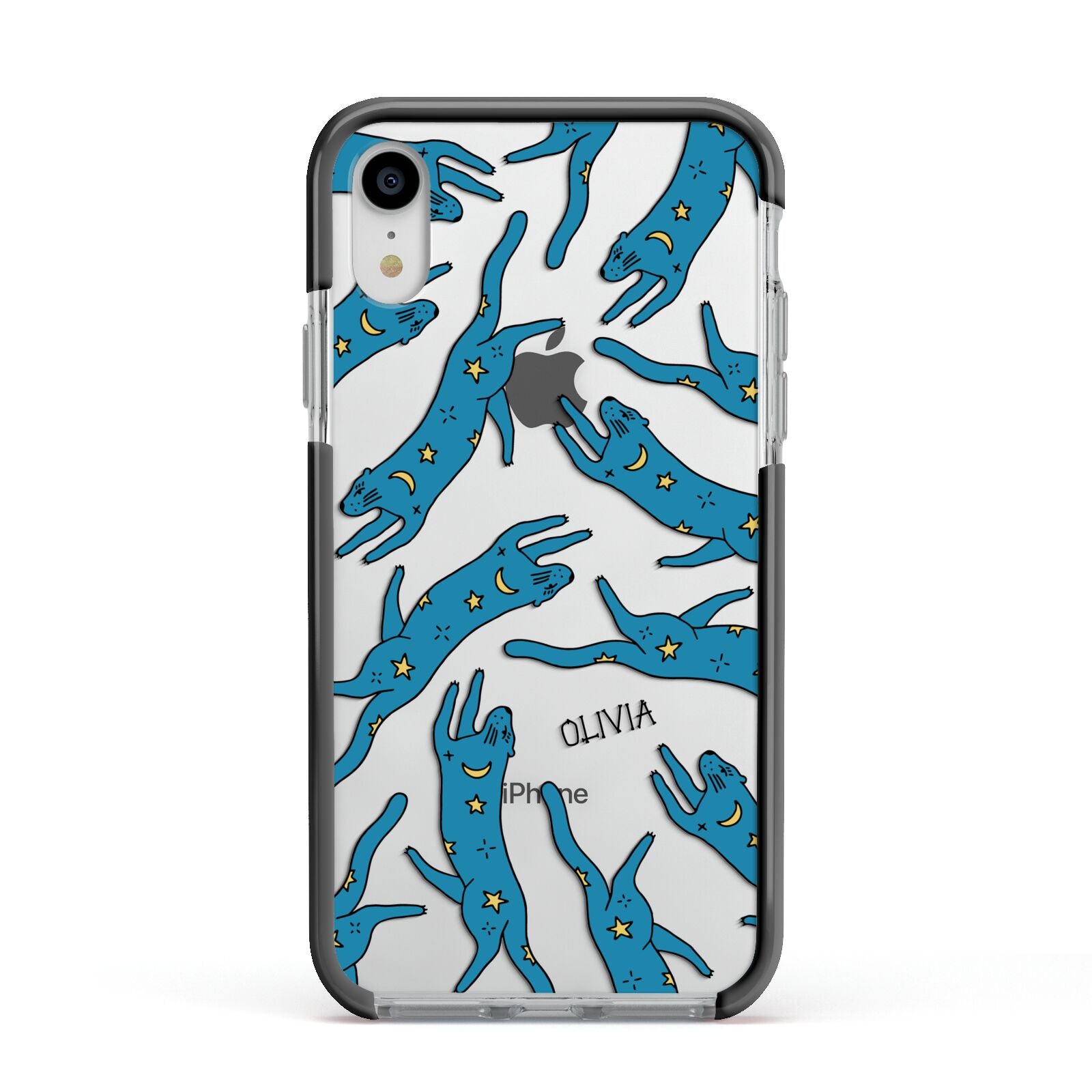 Moon Star Blue Cat Personalised Apple iPhone XR Impact Case Black Edge on Silver Phone