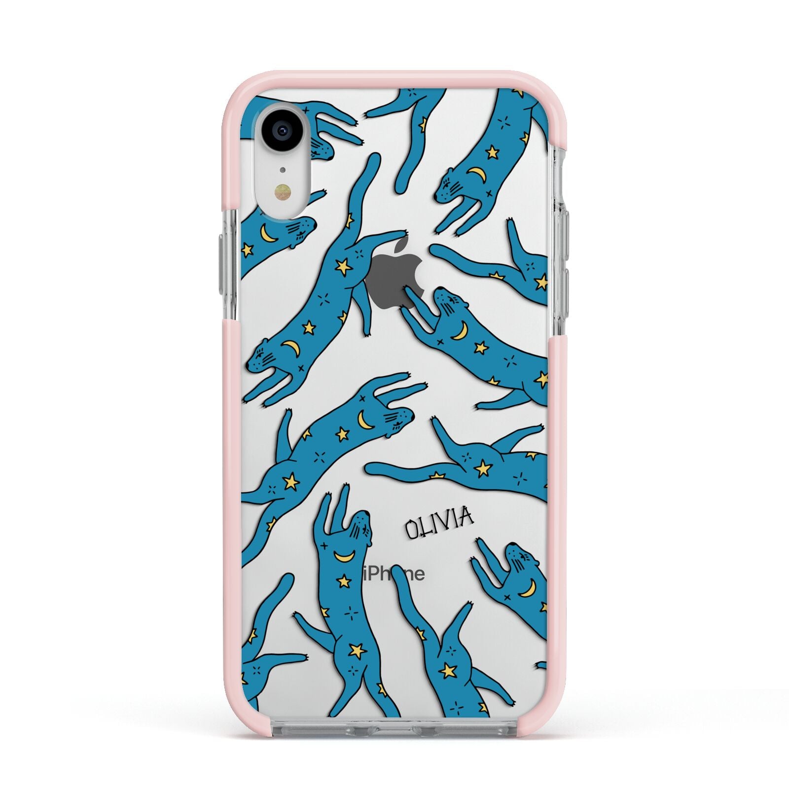 Moon Star Blue Cat Personalised Apple iPhone XR Impact Case Pink Edge on Silver Phone