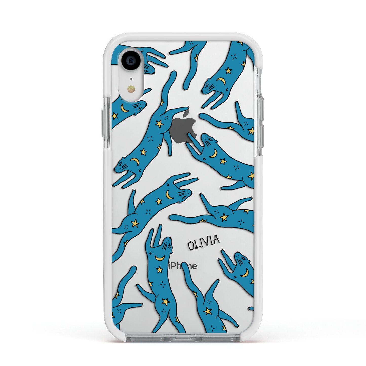 Moon Star Blue Cat Personalised Apple iPhone XR Impact Case White Edge on Silver Phone