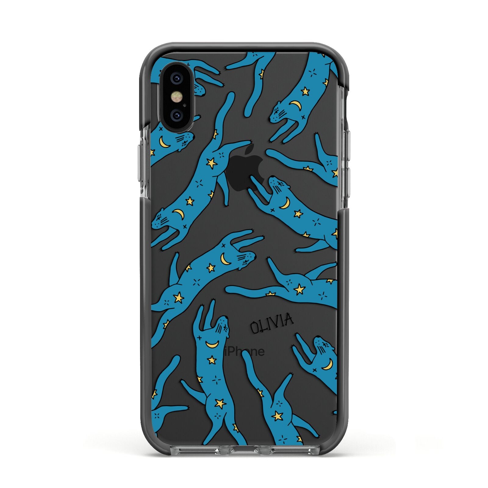 Moon Star Blue Cat Personalised Apple iPhone Xs Impact Case Black Edge on Black Phone