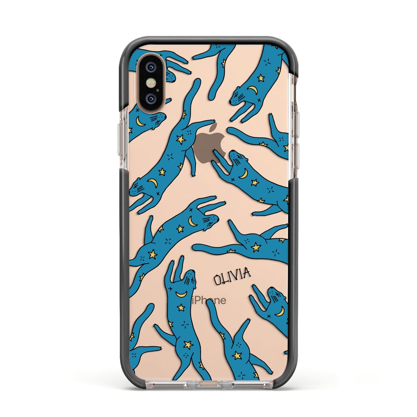 Moon Star Blue Cat Personalised Apple iPhone Xs Impact Case Black Edge on Gold Phone
