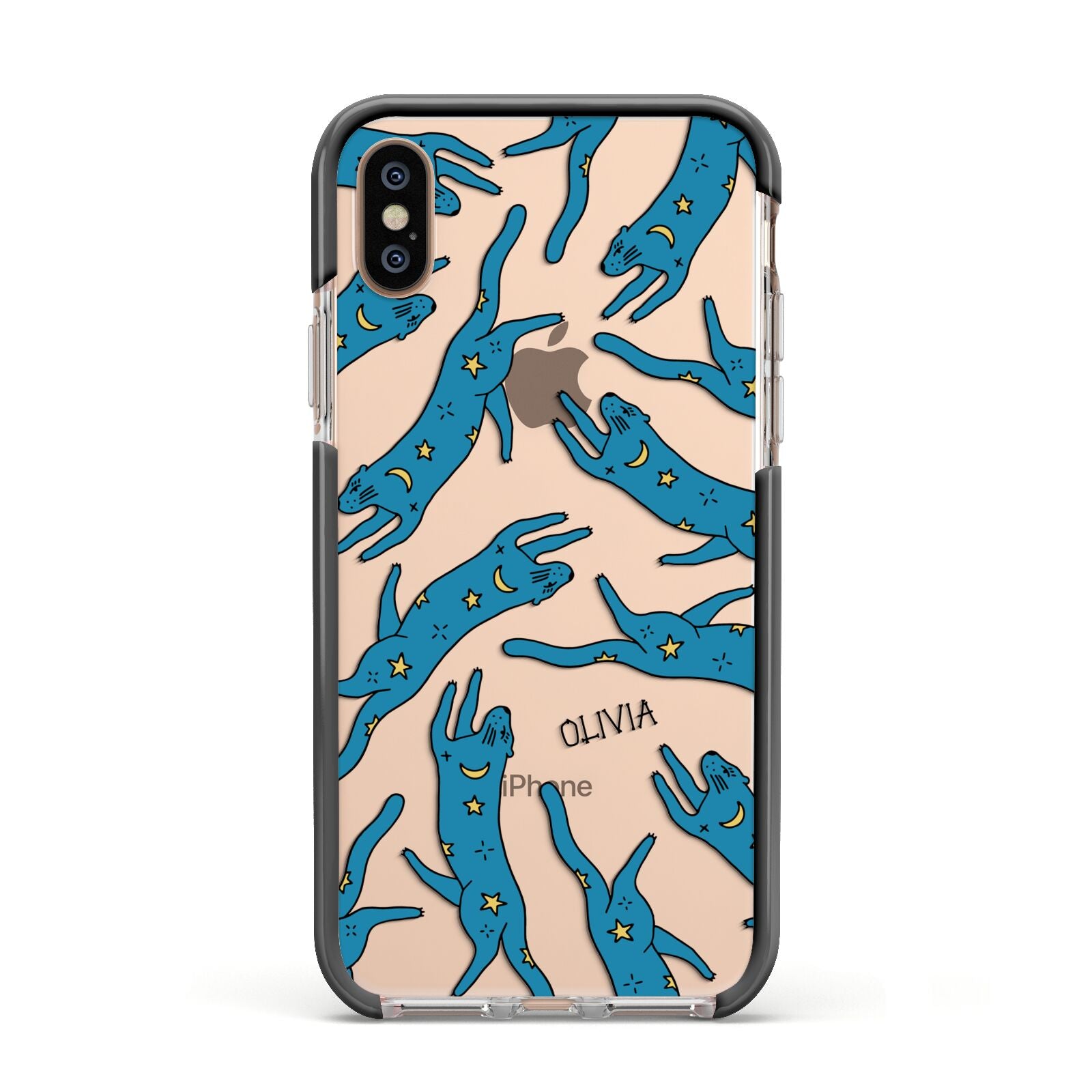Moon Star Blue Cat Personalised Apple iPhone Xs Impact Case Black Edge on Gold Phone