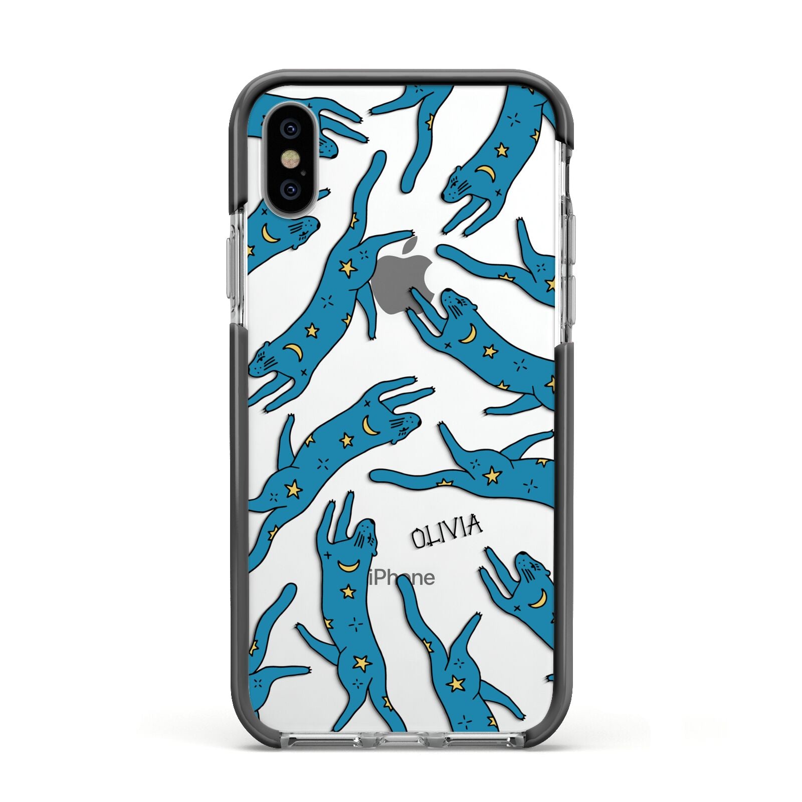 Moon Star Blue Cat Personalised Apple iPhone Xs Impact Case Black Edge on Silver Phone