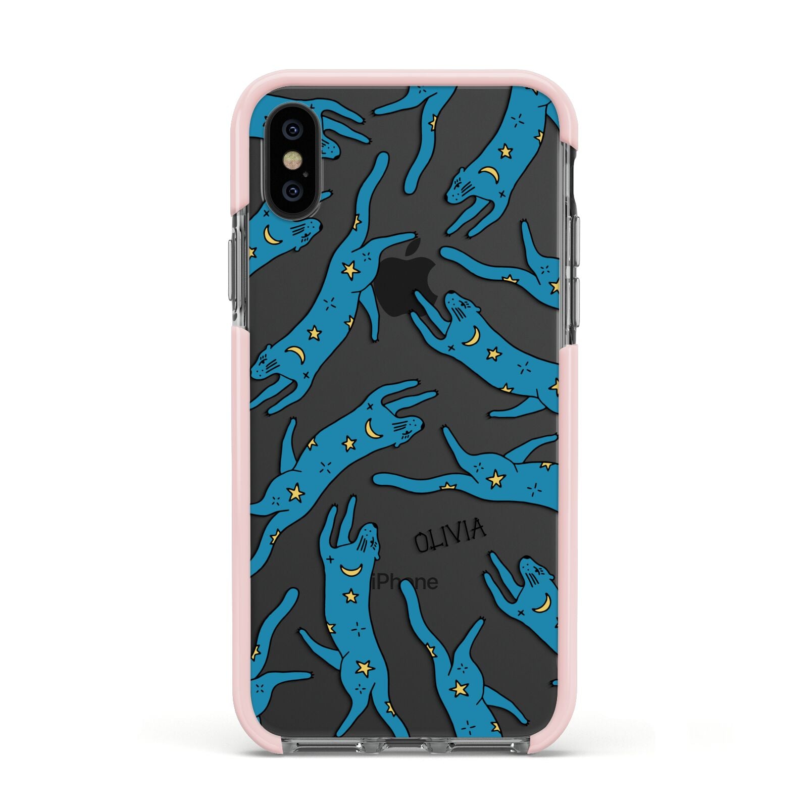 Moon Star Blue Cat Personalised Apple iPhone Xs Impact Case Pink Edge on Black Phone