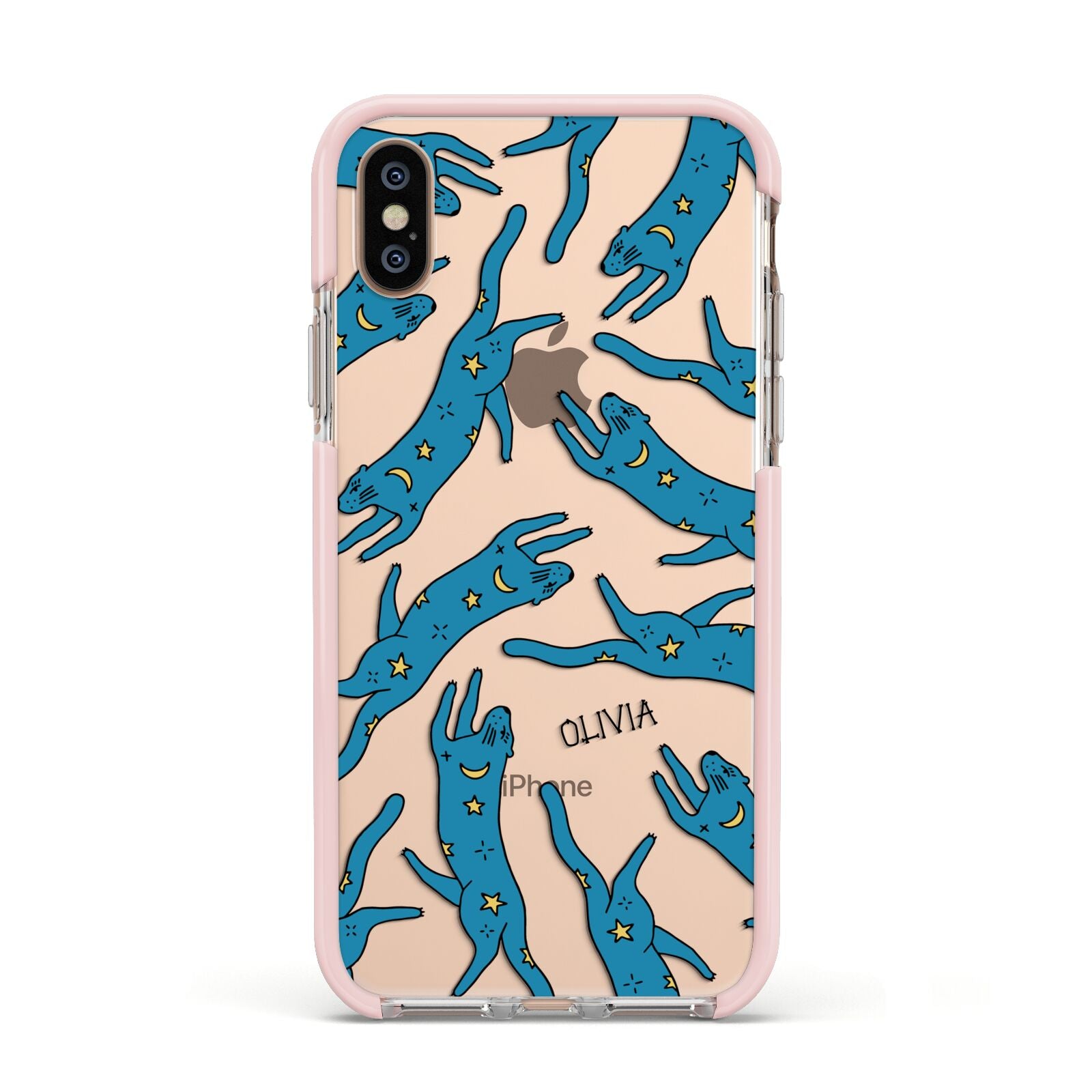 Moon Star Blue Cat Personalised Apple iPhone Xs Impact Case Pink Edge on Gold Phone