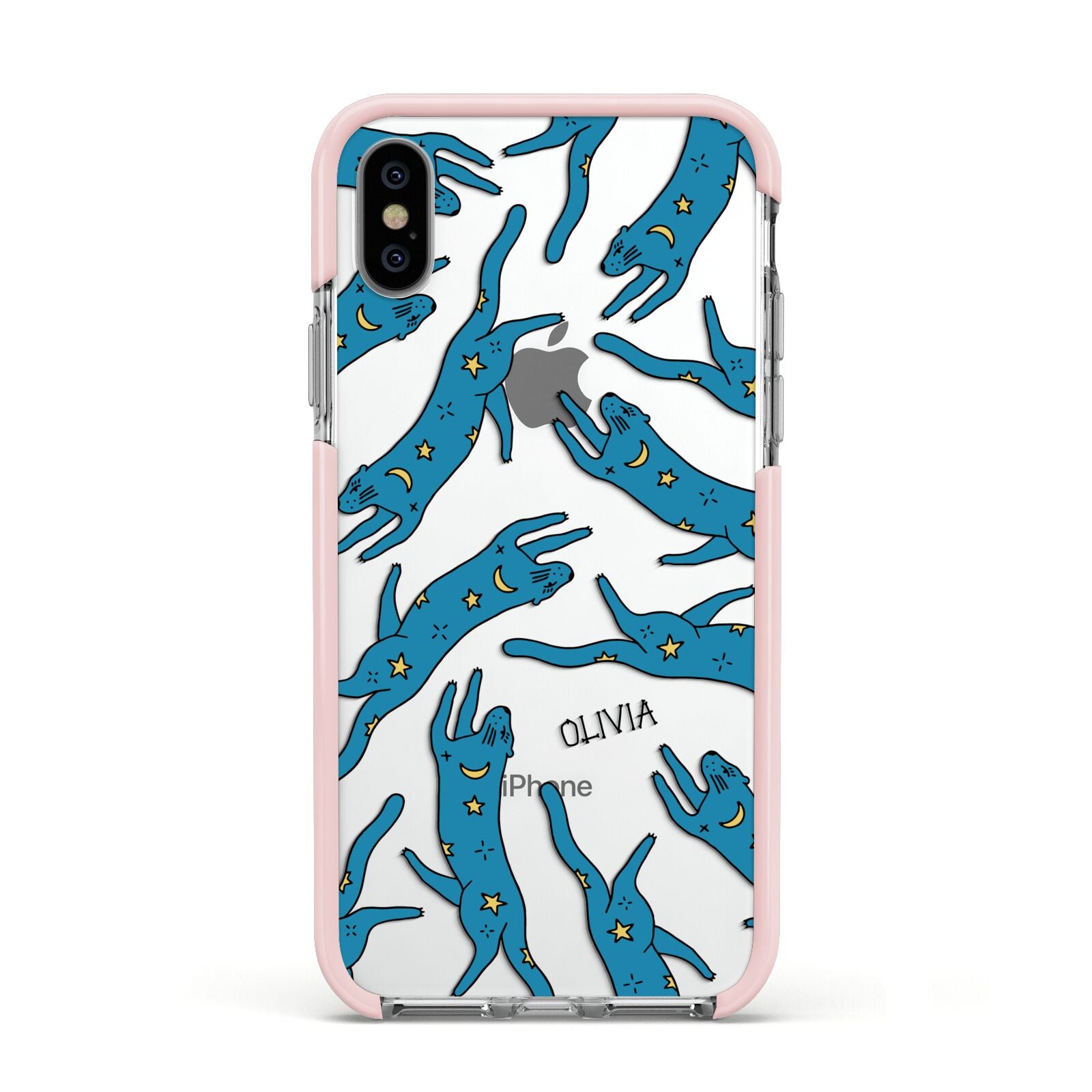 Moon Star Blue Cat Personalised Apple iPhone Xs Impact Case Pink Edge on Silver Phone