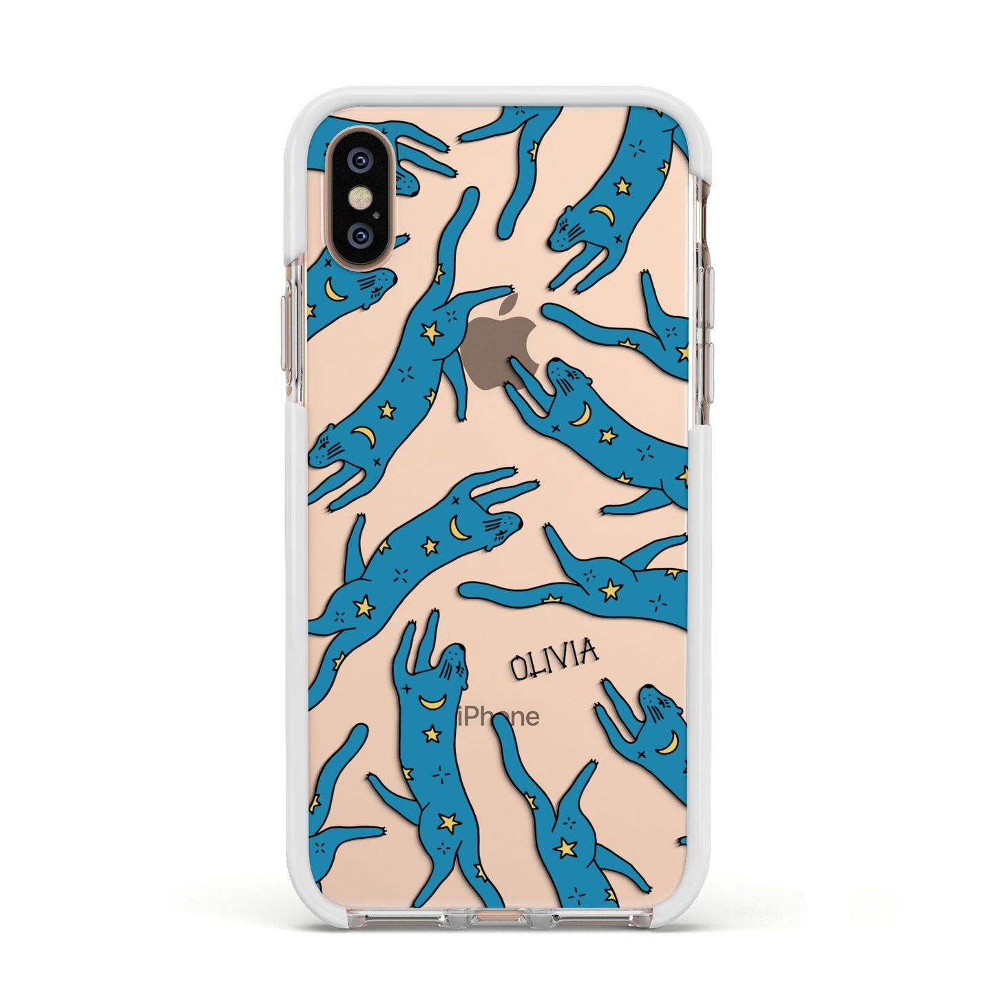 Moon Star Blue Cat Personalised Apple iPhone Xs Impact Case White Edge on Gold Phone