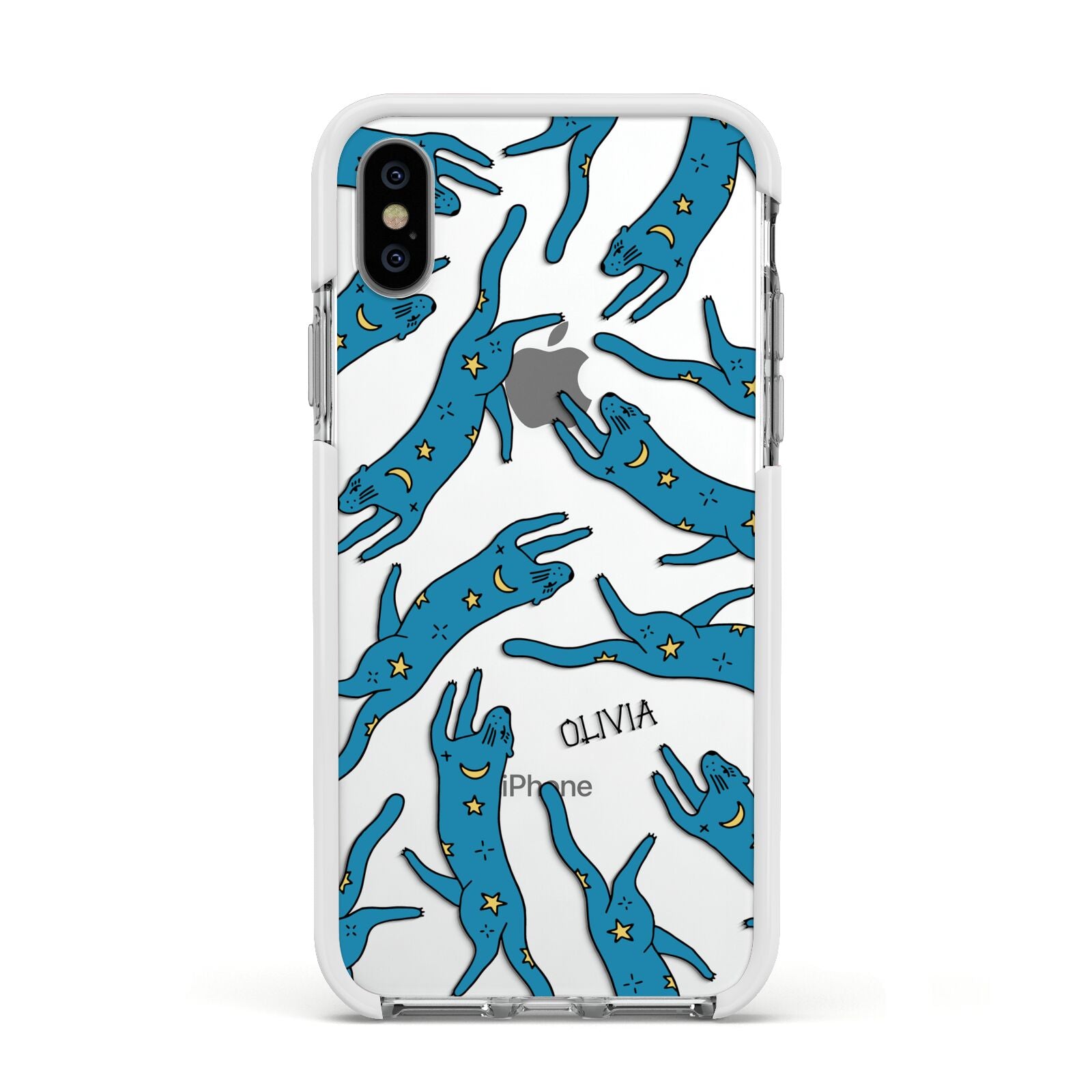 Moon Star Blue Cat Personalised Apple iPhone Xs Impact Case White Edge on Silver Phone