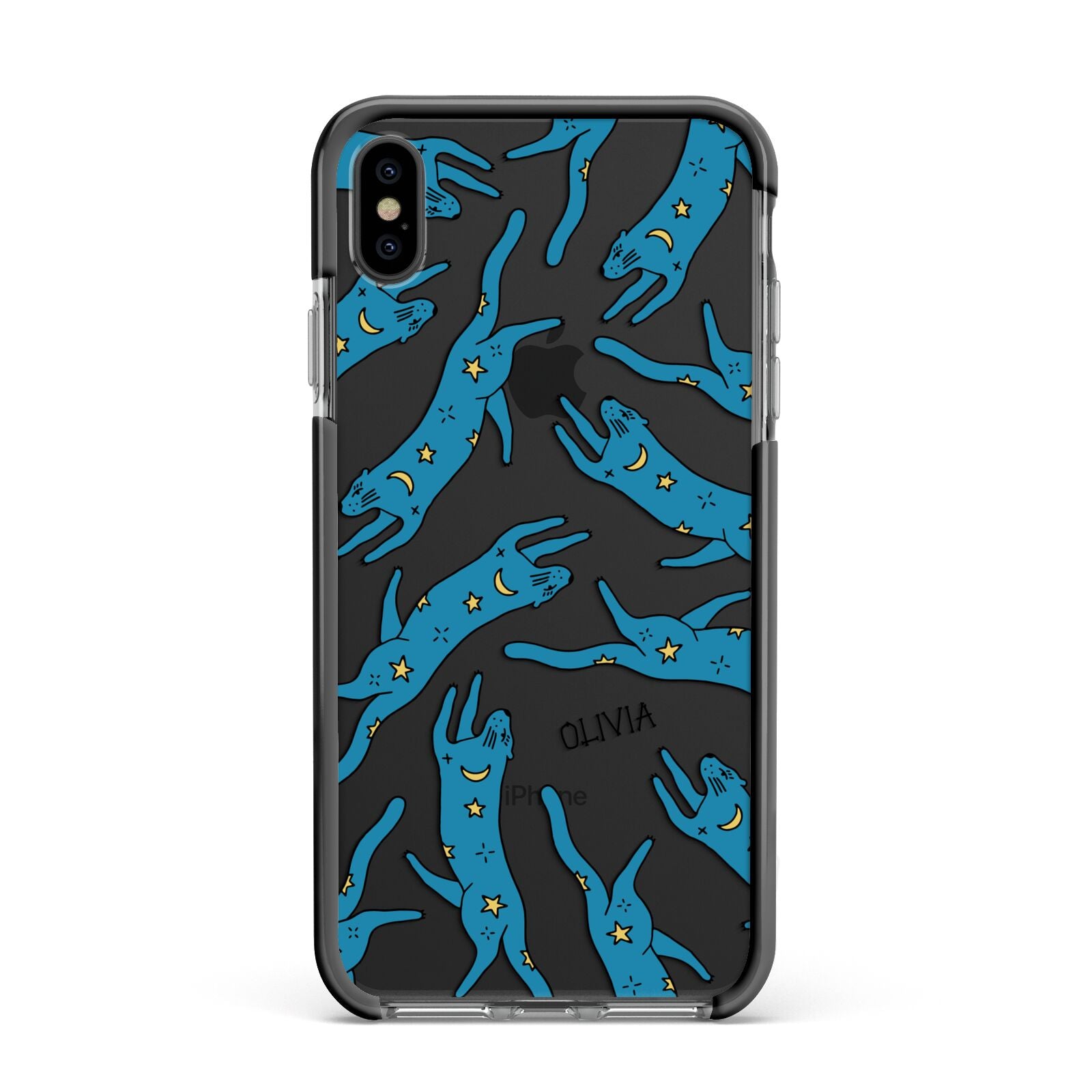 Moon Star Blue Cat Personalised Apple iPhone Xs Max Impact Case Black Edge on Black Phone