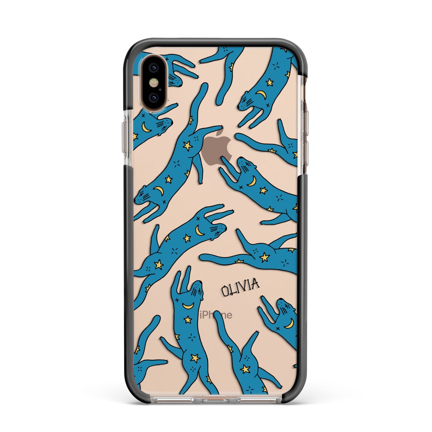 Moon Star Blue Cat Personalised Apple iPhone Xs Max Impact Case Black Edge on Gold Phone