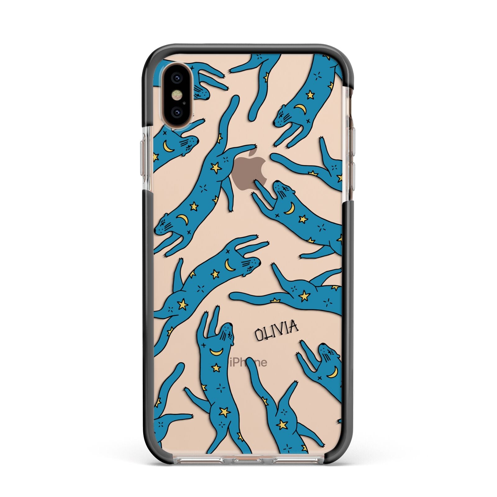 Moon Star Blue Cat Personalised Apple iPhone Xs Max Impact Case Black Edge on Gold Phone