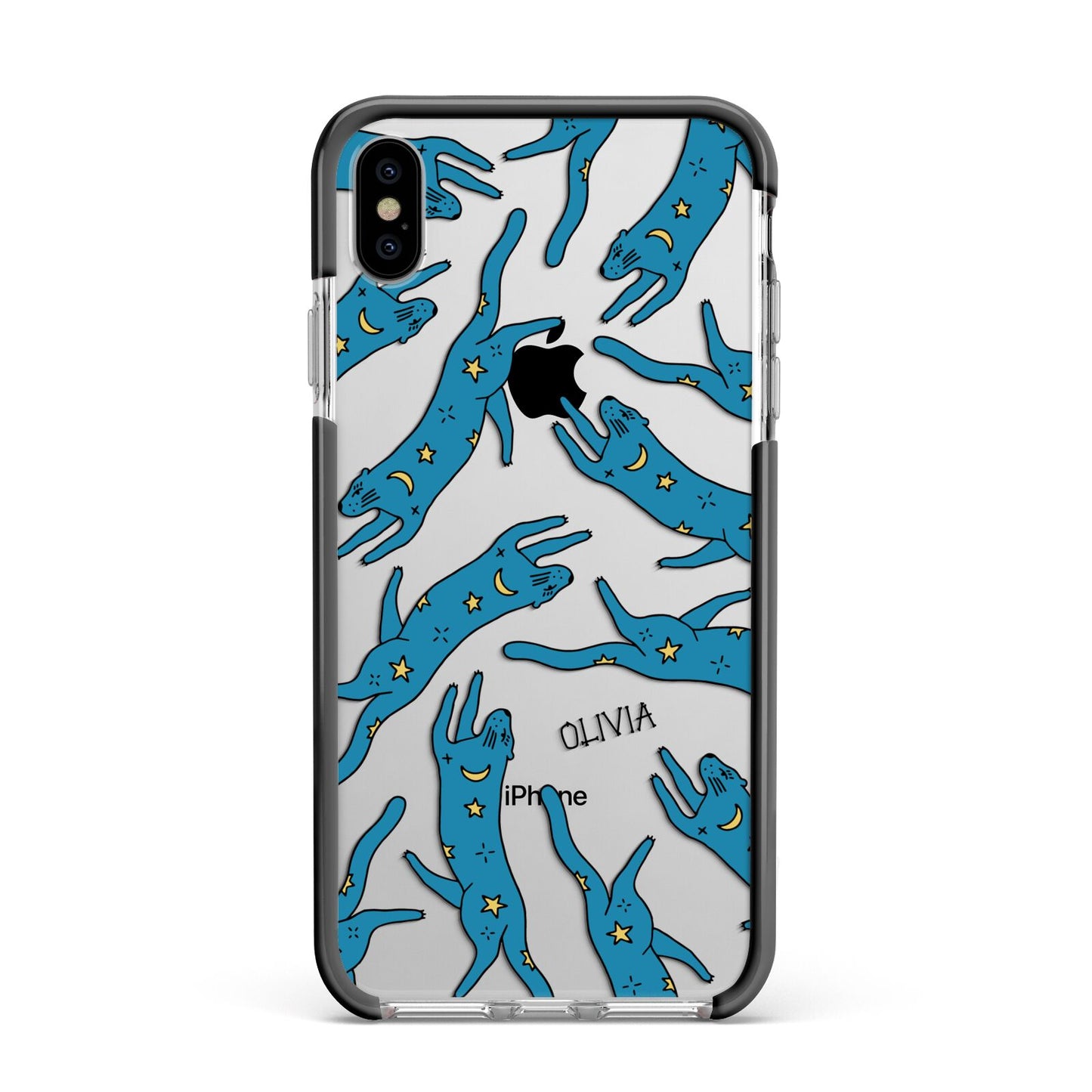 Moon Star Blue Cat Personalised Apple iPhone Xs Max Impact Case Black Edge on Silver Phone