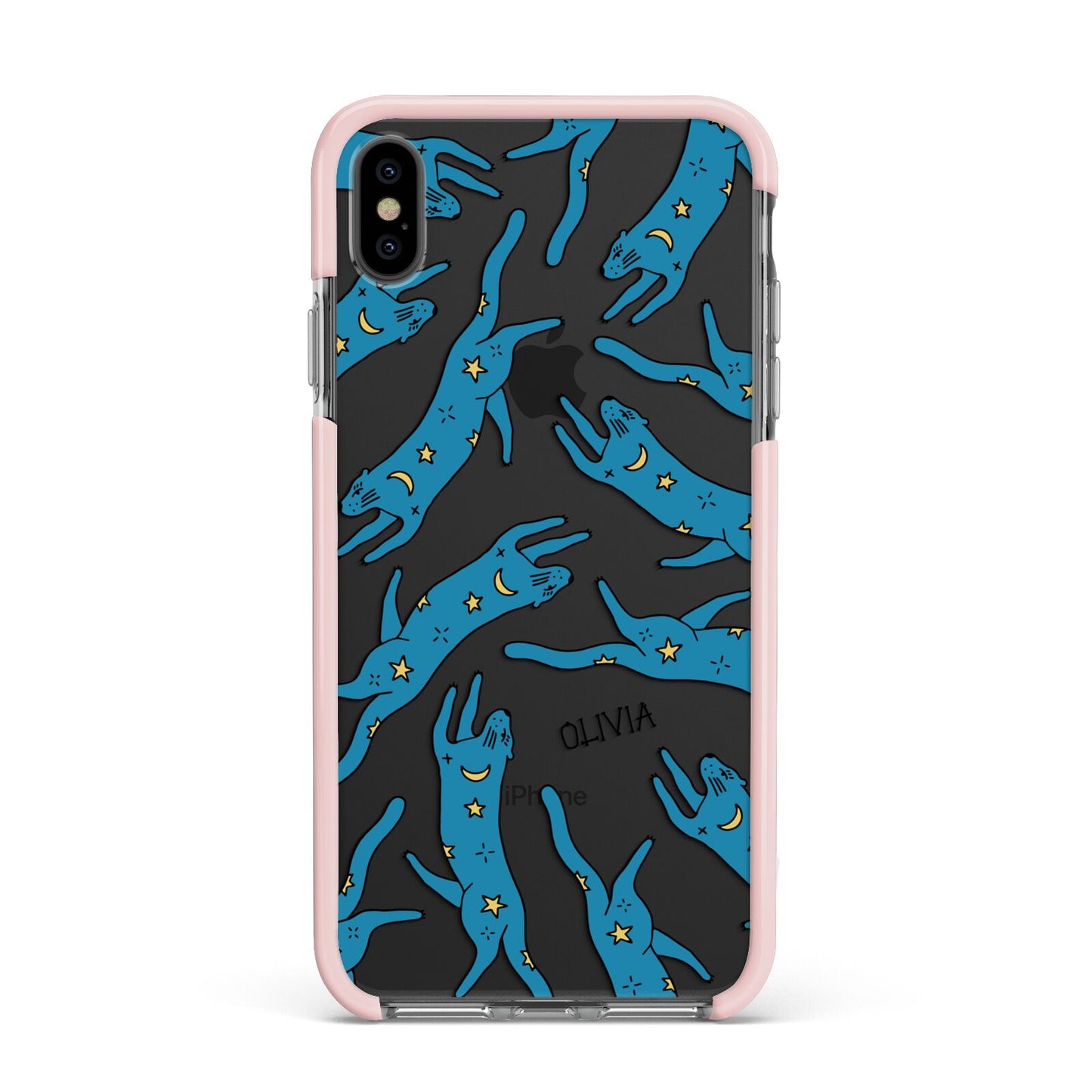 Moon Star Blue Cat Personalised Apple iPhone Xs Max Impact Case Pink Edge on Black Phone