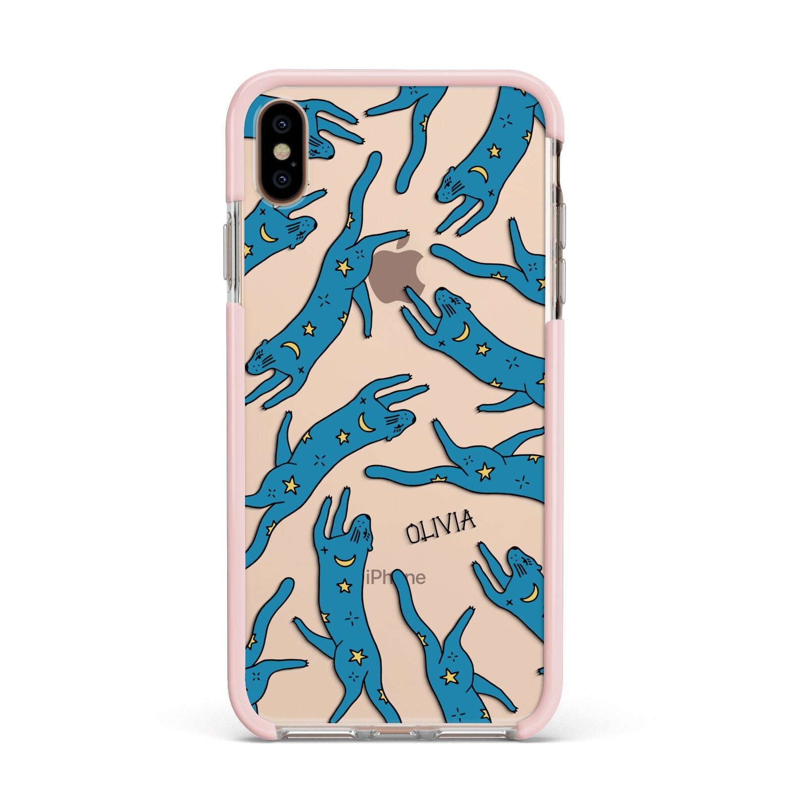 Moon Star Blue Cat Personalised Apple iPhone Xs Max Impact Case Pink Edge on Gold Phone