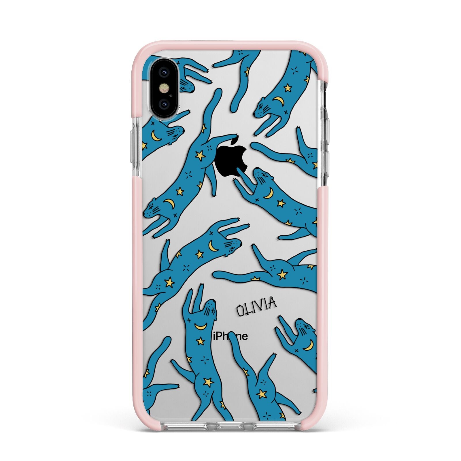 Moon Star Blue Cat Personalised Apple iPhone Xs Max Impact Case Pink Edge on Silver Phone