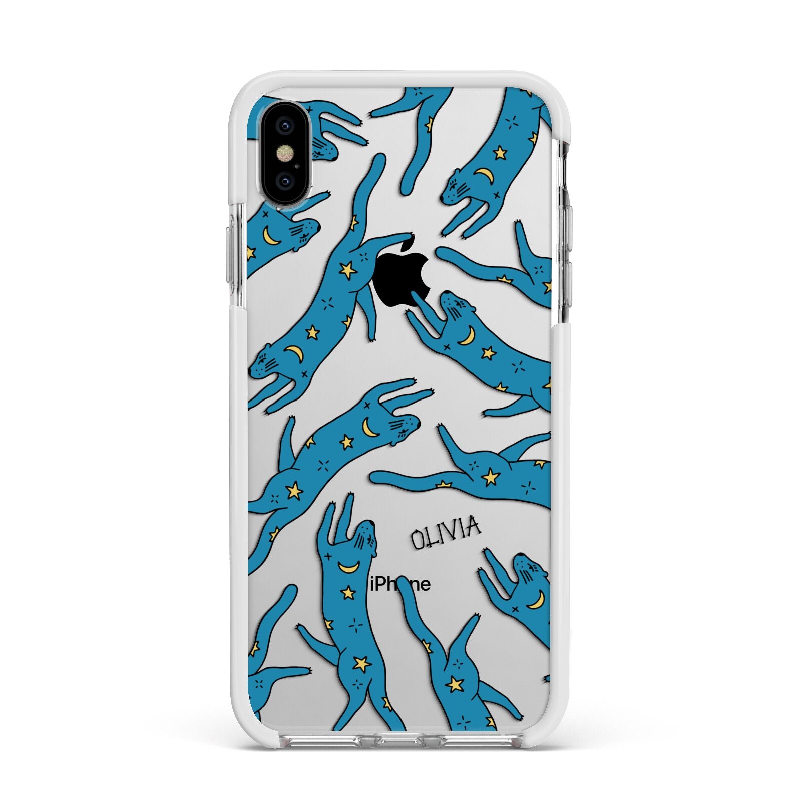 Moon Star Blue Cat Personalised Apple iPhone Xs Max Impact Case White Edge on Silver Phone