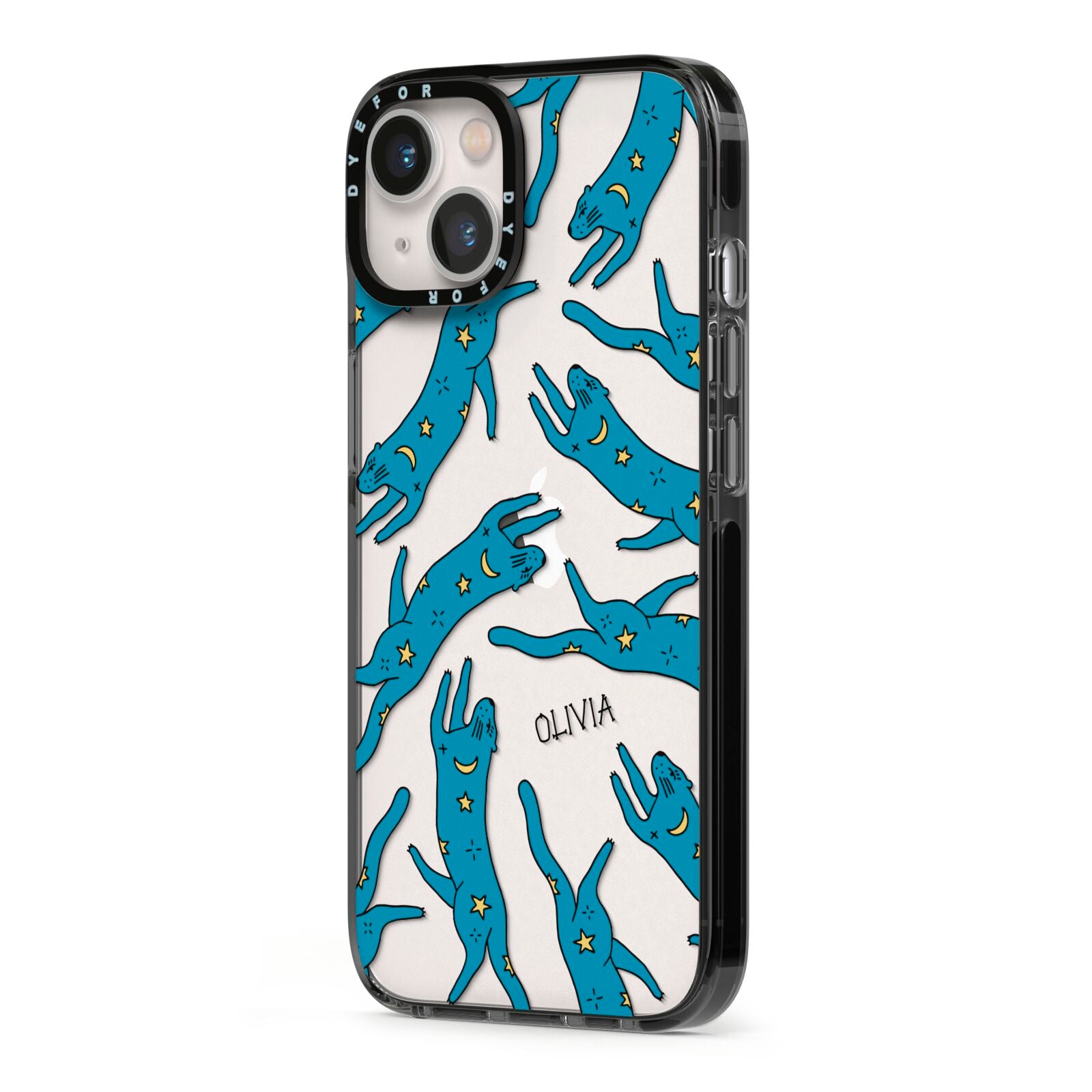 Moon Star Blue Cat Personalised iPhone 13 Black Impact Case Side Angle on Silver phone