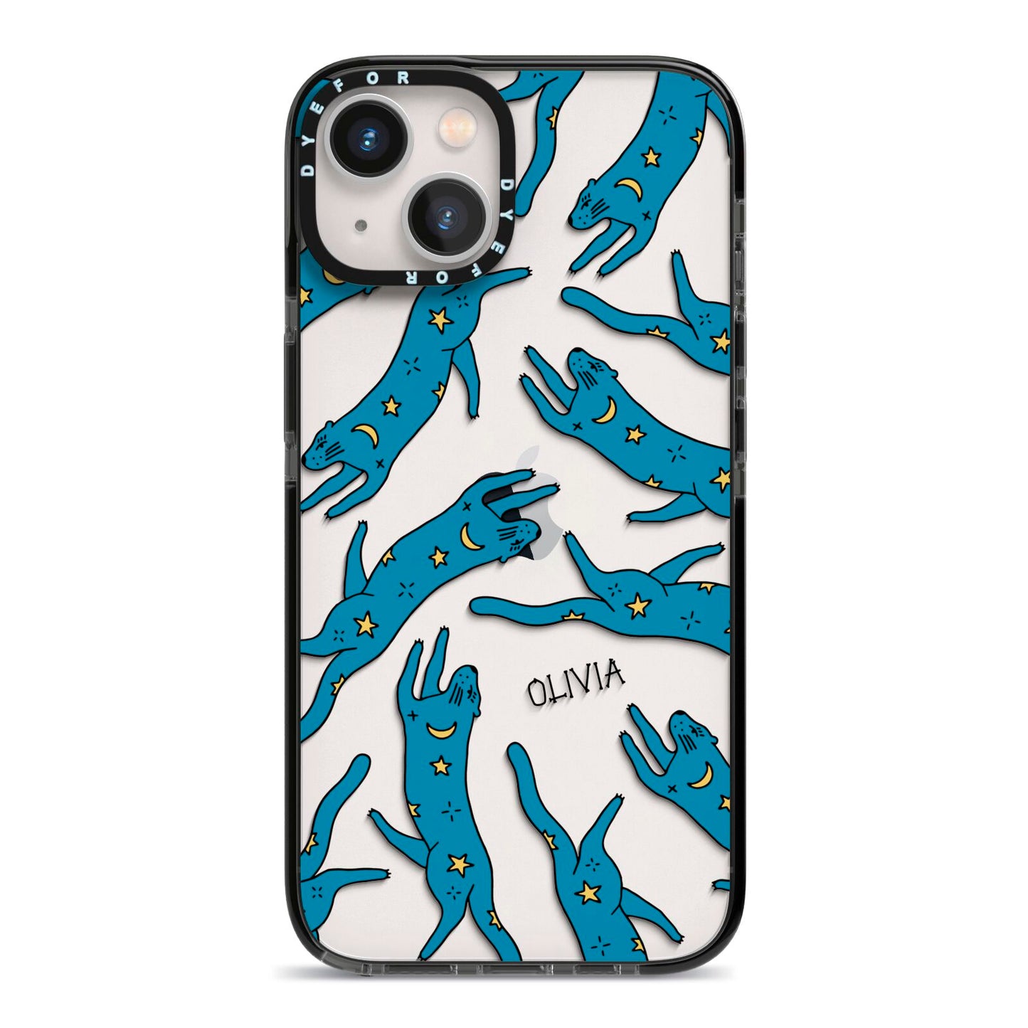 Moon Star Blue Cat Personalised iPhone 13 Black Impact Case on Silver phone