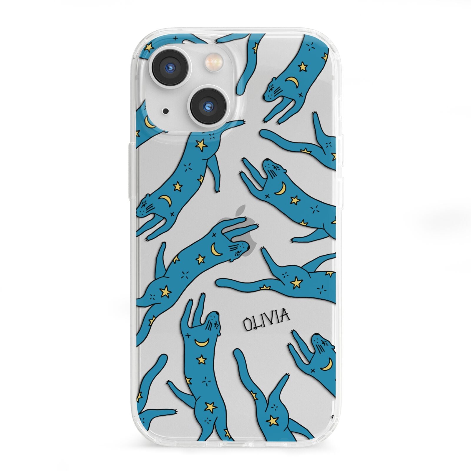 Moon Star Blue Cat Personalised iPhone 13 Mini Clear Bumper Case