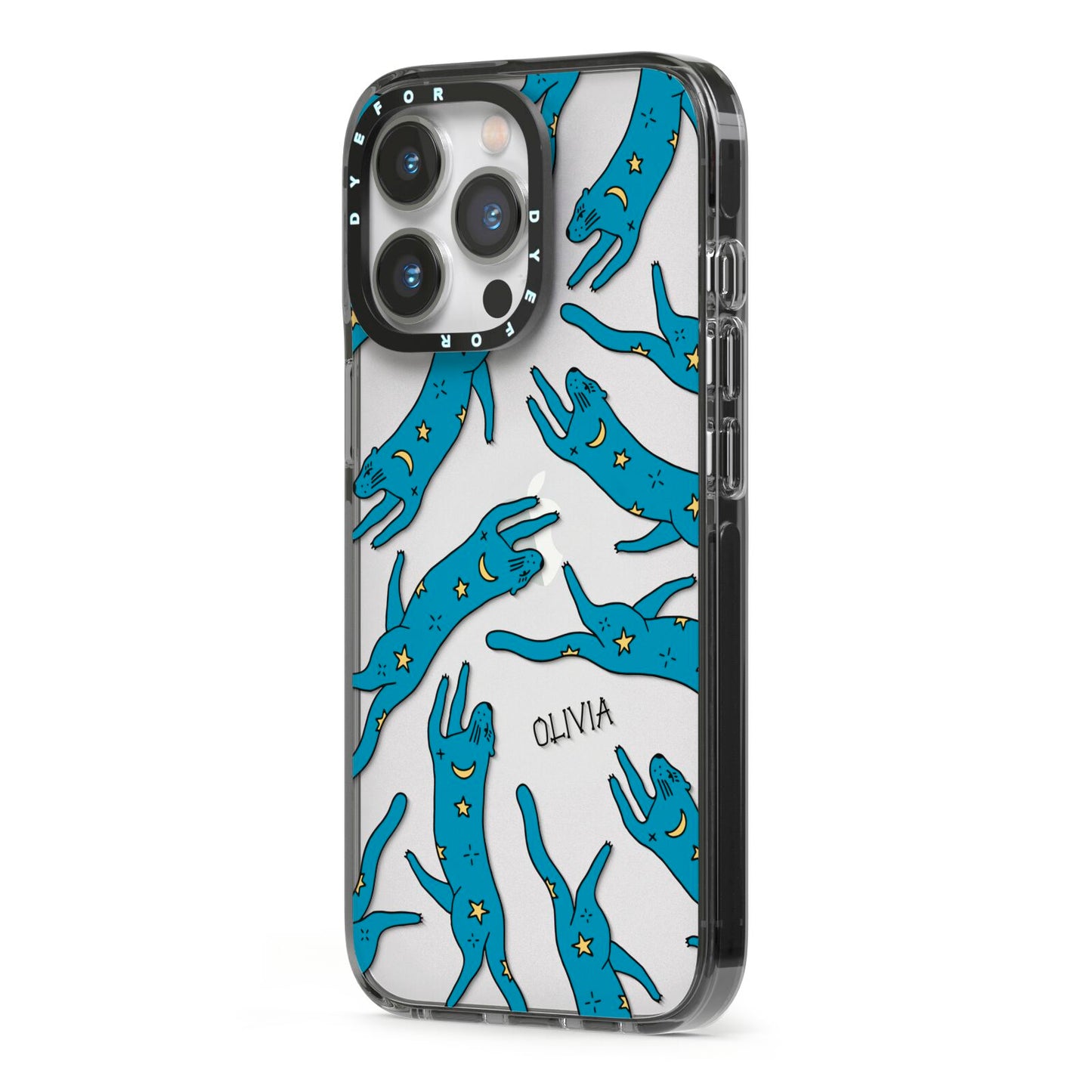 Moon Star Blue Cat Personalised iPhone 13 Pro Black Impact Case Side Angle on Silver phone