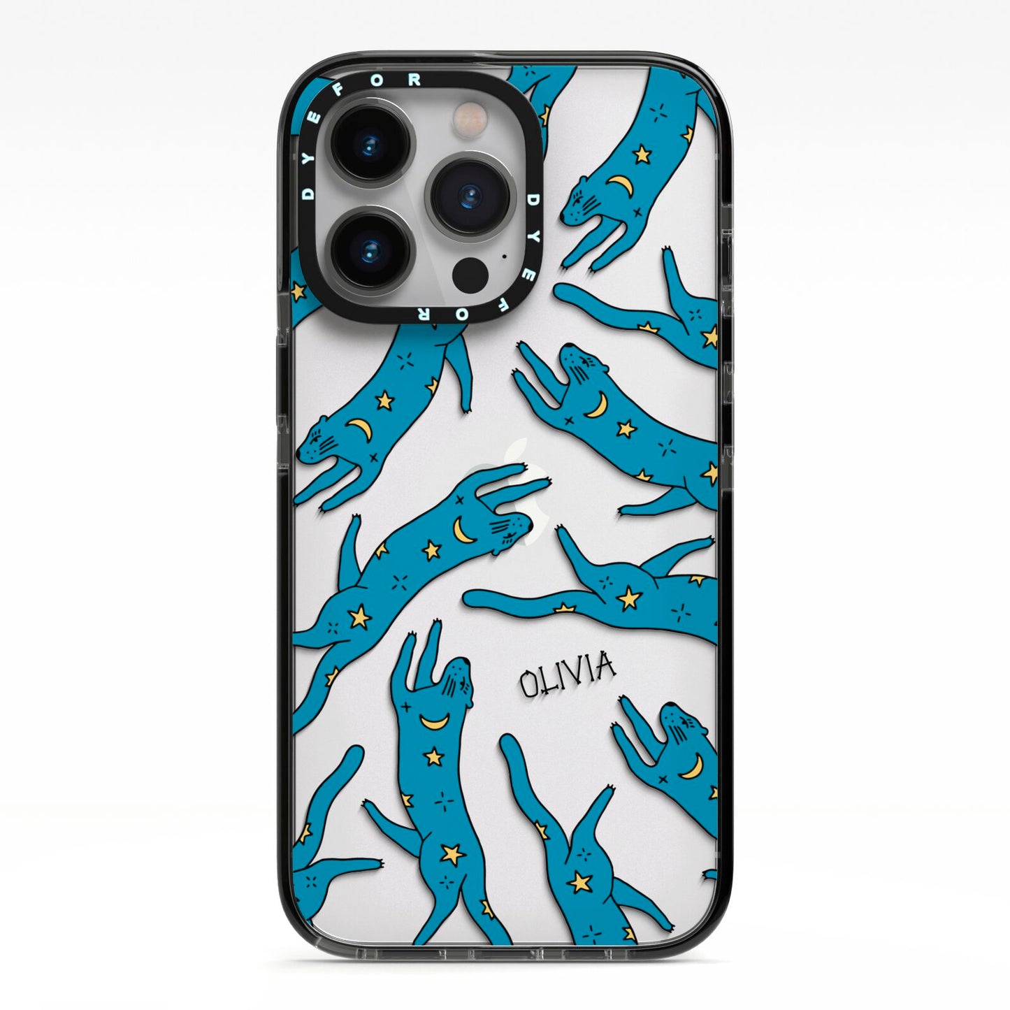 Moon Star Blue Cat Personalised iPhone 13 Pro Black Impact Case on Silver phone
