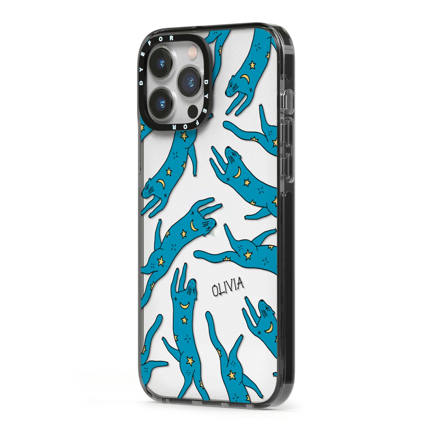 Moon Star Blue Cat Personalised iPhone 13 Pro Max Black Impact Case Side Angle on Silver phone