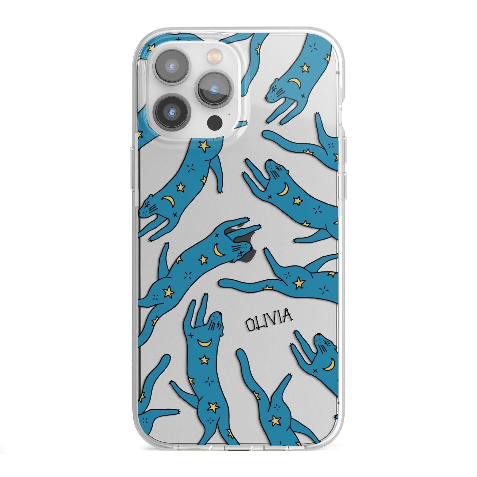 Moon Star Blue Cat Personalised iPhone 13 Pro Max TPU Impact Case with White Edges