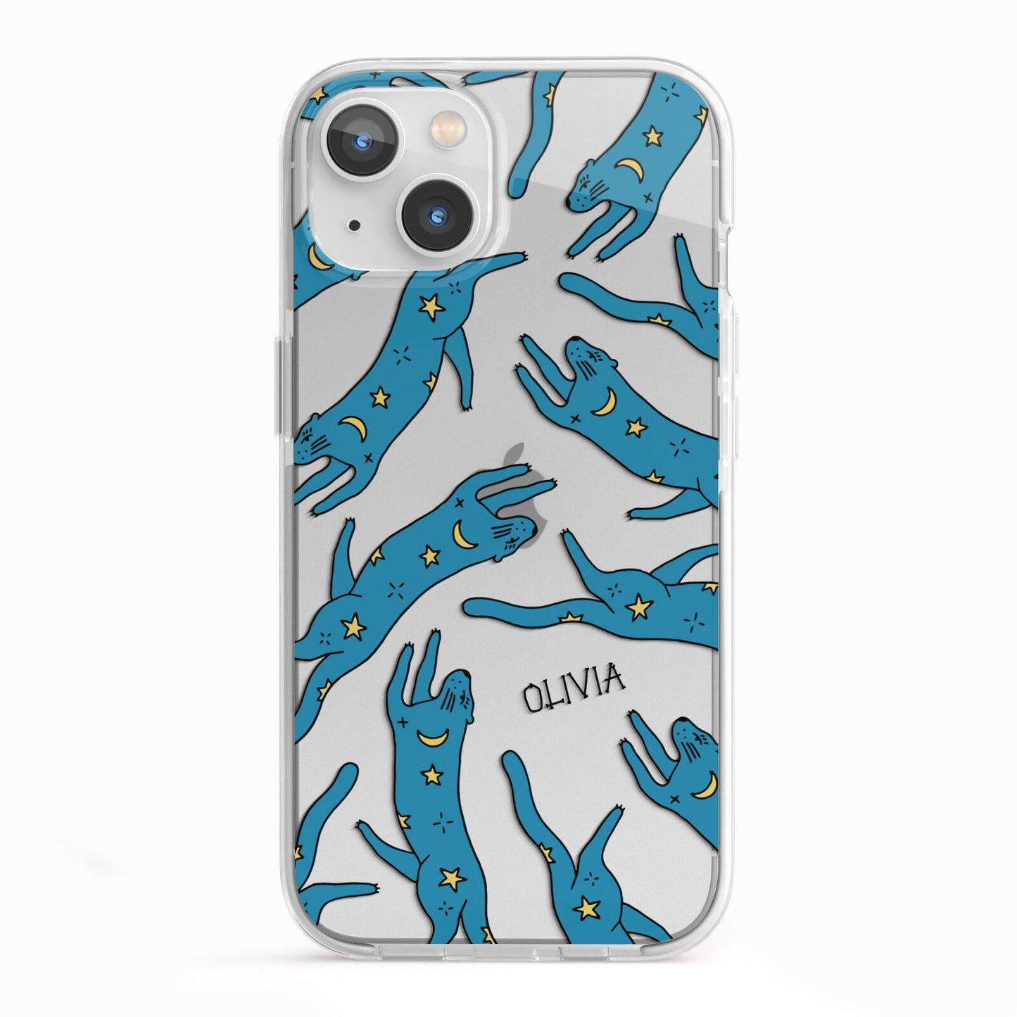 Moon Star Blue Cat Personalised iPhone 13 TPU Impact Case with White Edges
