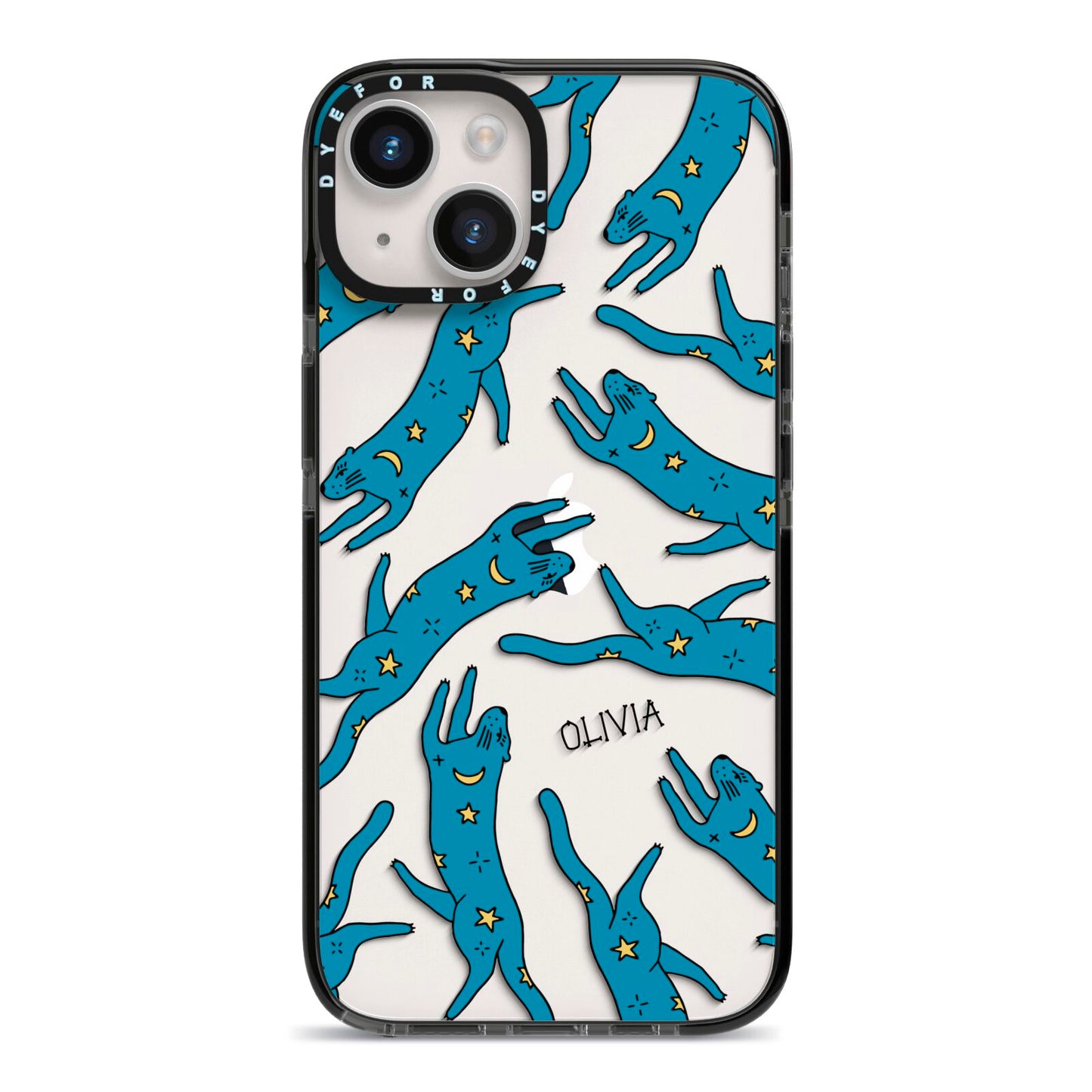 Moon Star Blue Cat Personalised iPhone 14 Black Impact Case on Silver phone