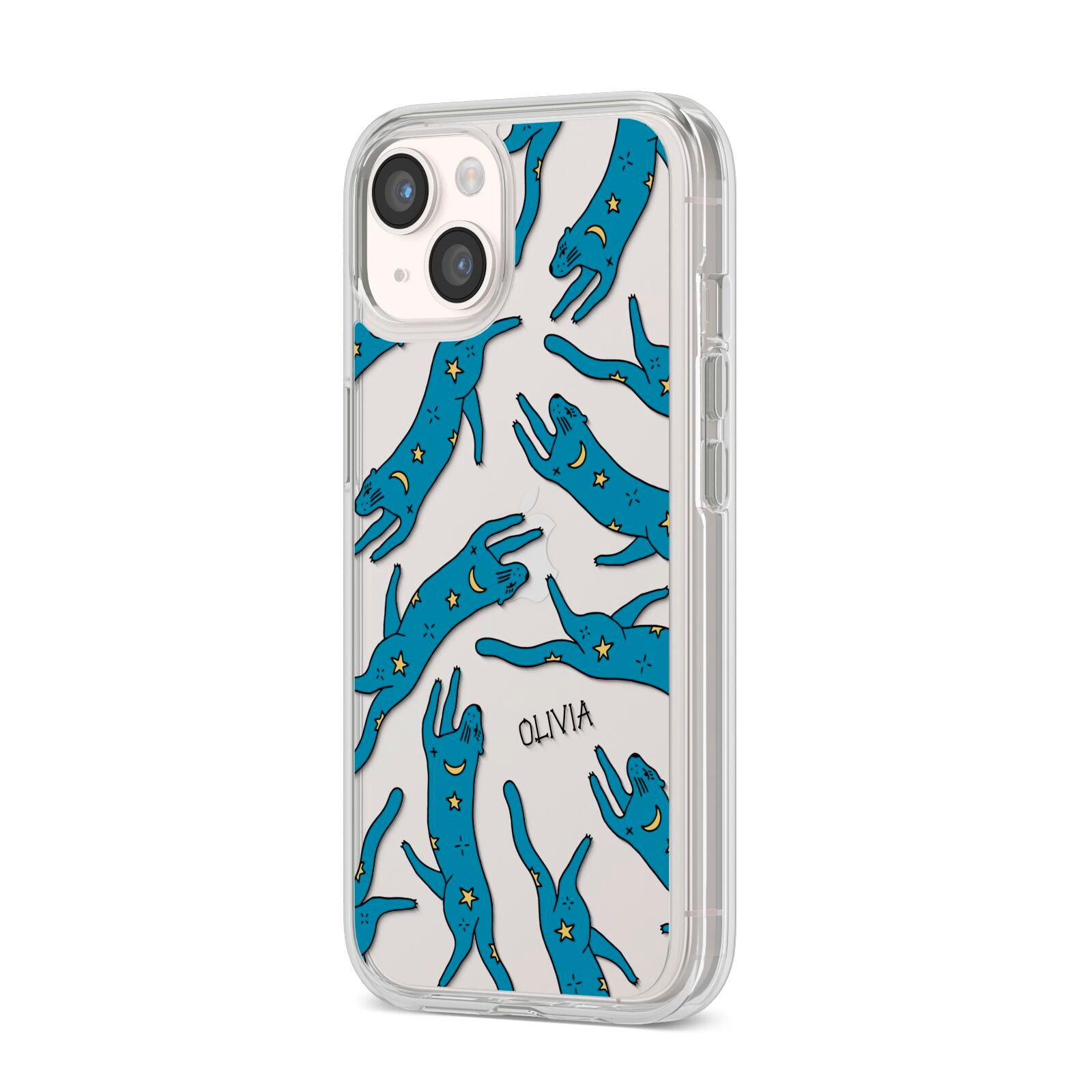 Moon Star Blue Cat Personalised iPhone 14 Clear Tough Case Starlight Angled Image
