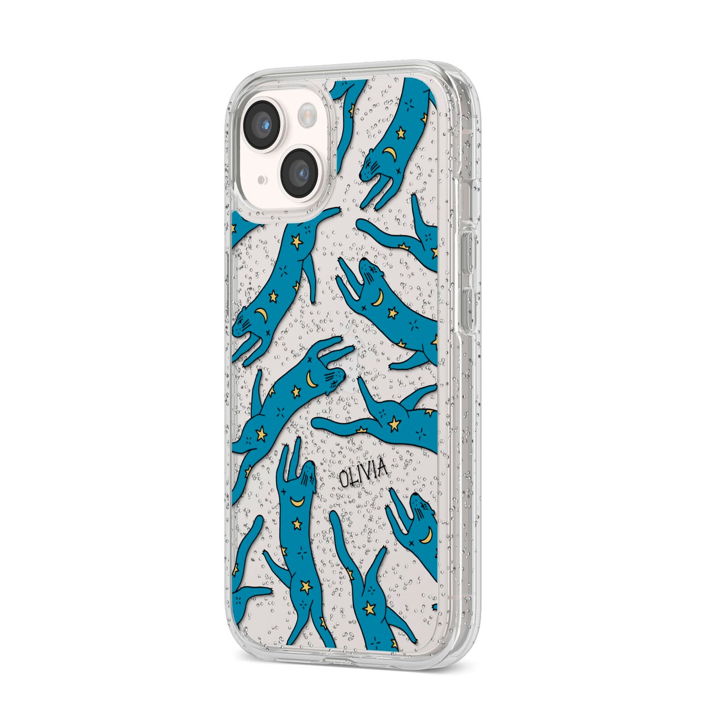 Moon Star Blue Cat Personalised iPhone 14 Glitter Tough Case Starlight Angled Image