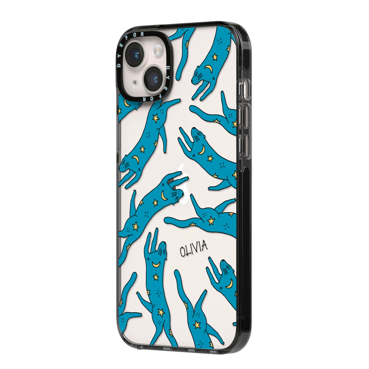 Moon Star Blue Cat Personalised iPhone 14 Plus Black Impact Case Side Angle on Silver phone